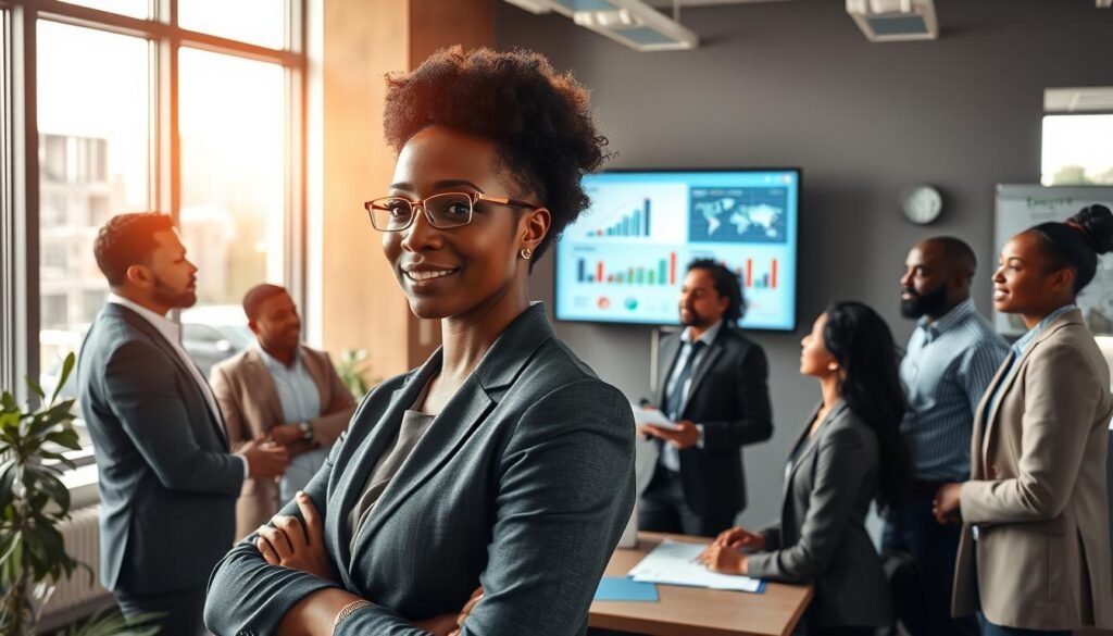 A dynamic office scene showcasing effective social governance, featuring a diverse group of professionals in business attire engaged in a collaborative meeting. In the foreground, a confident Black woman leads the discussion, pointing at a digital screen displaying community engagement metrics. The middle ground reveals a group of men and women of various ethnicities brainstorming ideas, surrounded by notes and charts. The background features a large window with sunlight streaming in, casting a warm glow over the room, symbolizing transparency and trust. The overall mood is one of positivity and teamwork, emphasizing resilience and community connection. Use a wide-angle lens perspective to capture the full atmosphere of collaboration. A dynamic office scene showcasing effective social governance, featuring a diverse group of professionals in business attire engaged in a collaborative meeting. In the foreground, a confident Black woman leads the discussion, pointing at a digital screen displaying community engagement metrics. The middle ground reveals a group of men and women of various ethnicities brainstorming ideas, surrounded by notes and charts. The background features a large window with sunlight streaming in, casting a warm glow over the room, symbolizing transparency and trust. The overall mood is one of positivity and teamwork, emphasizing resilience and community connection. Use a wide-angle lens perspective to capture the full atmosphere of collaboration.