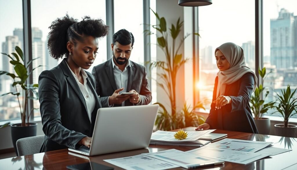 A dynamic office setting showcasing a diverse group of three professionals engaged in due diligence for African startups. In the foreground, a Black woman in a smart business suit reviews a laptop screen displaying financial charts and performance metrics. Beside her, a South Asian man in casual yet professional attire takes notes, while a Middle-Eastern woman in modest business attire points to documents spread across a conference table. The middle ground features a large window with natural light streaming in, casting a warm glow over the space, and various plants adding a touch of greenery. In the background, large cityscape windows highlight a vibrant African city scene. The mood is collaborative and focused, embodying the spirit of innovation and opportunity. A dynamic office setting showcasing a diverse group of three professionals engaged in due diligence for African startups. In the foreground, a Black woman in a smart business suit reviews a laptop screen displaying financial charts and performance metrics. Beside her, a South Asian man in casual yet professional attire takes notes, while a Middle-Eastern woman in modest business attire points to documents spread across a conference table. The middle ground features a large window with natural light streaming in, casting a warm glow over the space, and various plants adding a touch of greenery. In the background, large cityscape windows highlight a vibrant African city scene. The mood is collaborative and focused, embodying the spirit of innovation and opportunity.