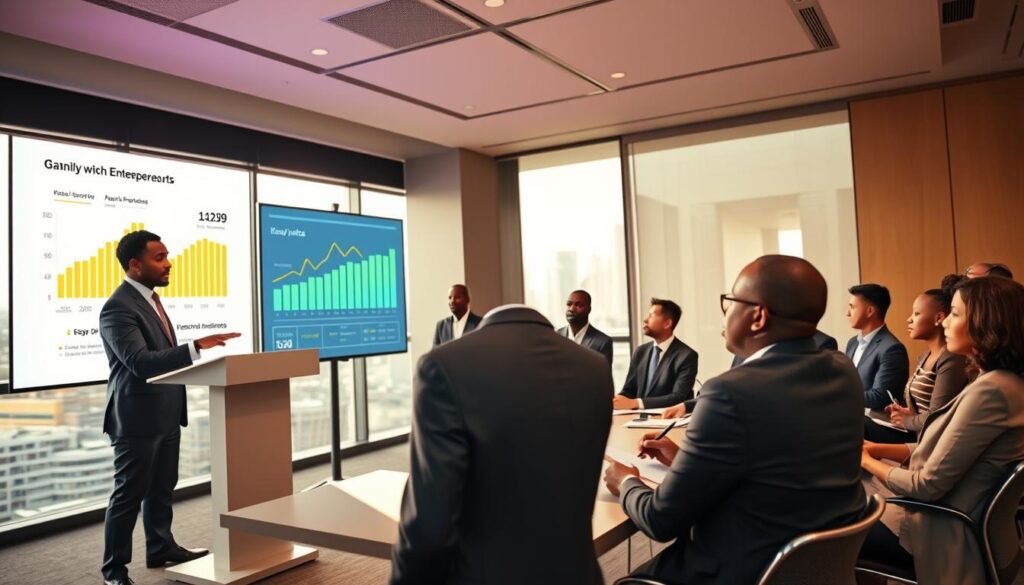 A dynamic scene depicting a professional pitch meeting between African entrepreneurs and investors. In the foreground, a well-dressed African entrepreneur stands confidently at a sleek presentation podium, gesturing towards a vibrant digital screen displaying key financial metrics and growth projections. The middle ground features attentive investors, a diverse group of business professionals in formal attire, engaged and taking notes. The background includes a modern conference room with large windows showcasing a city skyline, bathed in warm, natural light. Capture a sense of optimism and determination, highlighting the importance of collaboration and innovation in unlocking funding opportunities. Use a wide-angle lens for an immersive feel, with soft shadows to create an inviting atmosphere. A dynamic scene depicting a professional pitch meeting between African entrepreneurs and investors. In the foreground, a well-dressed African entrepreneur stands confidently at a sleek presentation podium, gesturing towards a vibrant digital screen displaying key financial metrics and growth projections. The middle ground features attentive investors, a diverse group of business professionals in formal attire, engaged and taking notes. The background includes a modern conference room with large windows showcasing a city skyline, bathed in warm, natural light. Capture a sense of optimism and determination, highlighting the importance of collaboration and innovation in unlocking funding opportunities. Use a wide-angle lens for an immersive feel, with soft shadows to create an inviting atmosphere.