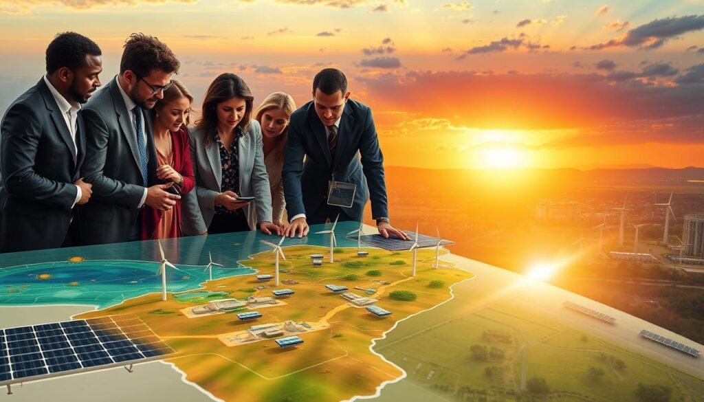 A dynamic scene illustrating risk management strategies for renewable energy projects in Africa. In the foreground, a diverse group of professionals in business attire collaborating over a digital map showcasing key sites for solar and wind energy development. The middle ground features solar panels and wind turbines on a vibrant, sunlit terrain symbolizing renewable energy potential. The background is a dramatic sunset over a vast landscape, with a mix of urban and rural settings highlighting the integration of green energy solutions. Soft, golden lighting enhances the optimism and innovation in the air, with a slight lens flare adding a sense of aspiration. The mood conveys a forward-looking vision of sustainable energy investment, emphasizing collaboration and strategic planning. A dynamic scene illustrating risk management strategies for renewable energy projects in Africa. In the foreground, a diverse group of professionals in business attire collaborating over a digital map showcasing key sites for solar and wind energy development. The middle ground features solar panels and wind turbines on a vibrant, sunlit terrain symbolizing renewable energy potential. The background is a dramatic sunset over a vast landscape, with a mix of urban and rural settings highlighting the integration of green energy solutions. Soft, golden lighting enhances the optimism and innovation in the air, with a slight lens flare adding a sense of aspiration. The mood conveys a forward-looking vision of sustainable energy investment, emphasizing collaboration and strategic planning.