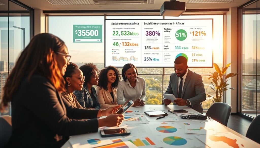 A dynamic scene illustrating social entrepreneurship in Africa, featuring a diverse group of professionals engaged in a vibrant discussion around demographic data and research. In the foreground, a group of three individuals, two women and one man, dressed in professional business attire, are gathered around a table strewn with colorful charts and digital tablets. The middle ground captures a lively office environment with large windows showing a sunny landscape, highlighting a bustling cityscape outside. In the background, a large screen displays infographics detailing statistics about social enterprises in Africa. The lighting is bright and inviting, with sunlight filtering in, creating an optimistic atmosphere. The angle is slightly elevated, emphasizing the collaborative spirit and urgency of the work being done. A dynamic scene illustrating social entrepreneurship in Africa, featuring a diverse group of professionals engaged in a vibrant discussion around demographic data and research. In the foreground, a group of three individuals, two women and one man, dressed in professional business attire, are gathered around a table strewn with colorful charts and digital tablets. The middle ground captures a lively office environment with large windows showing a sunny landscape, highlighting a bustling cityscape outside. In the background, a large screen displays infographics detailing statistics about social enterprises in Africa. The lighting is bright and inviting, with sunlight filtering in, creating an optimistic atmosphere. The angle is slightly elevated, emphasizing the collaborative spirit and urgency of the work being done.