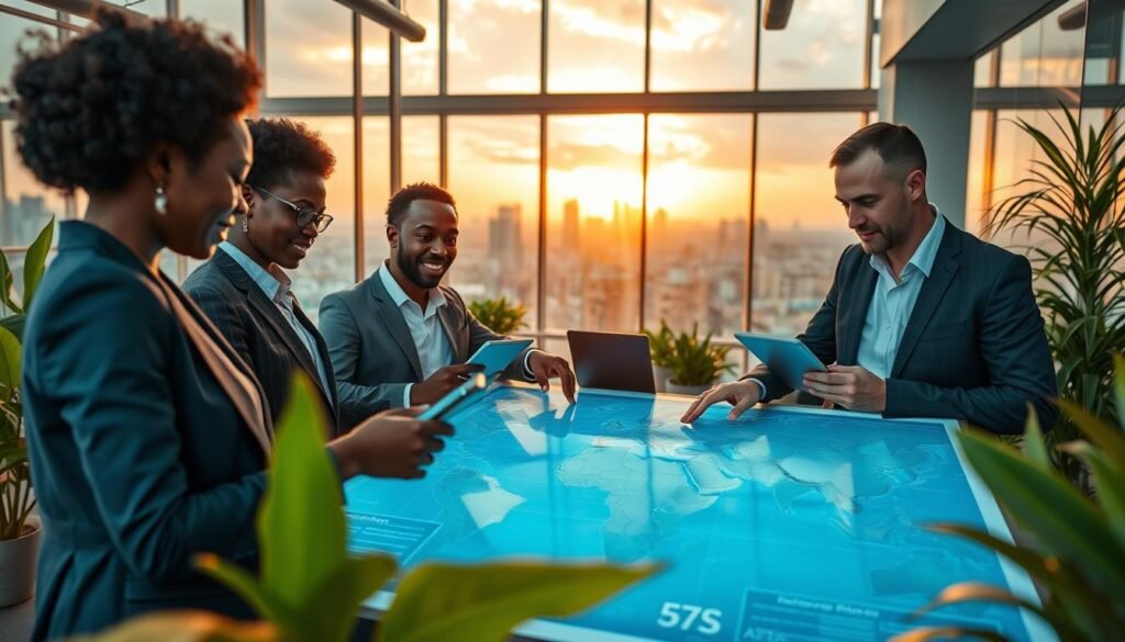 A dynamic scene of collaboration within emerging African tech hubs, featuring a diverse group of professionals engaged in brainstorming over a large digital map. In the foreground, focus on three individuals in professional business attire—an African woman, an African man, and a Caucasian man—pointing at different locations on the map with tablets and laptops. In the middle ground, a modern coworking space with innovative tech gear, clear glass walls, and vibrant plants, fostering a productive atmosphere. In the background, large windows reveal a skyline of an African city during sunset, casting warm golden light into the space. Capture the energy and vibrancy of collaboration, highlighting the spirit of innovation and community in Africa's tech landscape. A dynamic scene of collaboration within emerging African tech hubs, featuring a diverse group of professionals engaged in brainstorming over a large digital map. In the foreground, focus on three individuals in professional business attire—an African woman, an African man, and a Caucasian man—pointing at different locations on the map with tablets and laptops. In the middle ground, a modern coworking space with innovative tech gear, clear glass walls, and vibrant plants, fostering a productive atmosphere. In the background, large windows reveal a skyline of an African city during sunset, casting warm golden light into the space. Capture the energy and vibrancy of collaboration, highlighting the spirit of innovation and community in Africa's tech landscape.