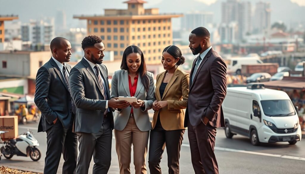 A dynamic scene showcasing innovative payment and logistics solutions in Africa. In the foreground, a diverse group of professionals wearing smart, formal business attire is gathered around a digital tablet, discussing logistics strategies. The middle ground features modern delivery vehicles equipped with advanced technology, such as drones and electric delivery vans, actively engaged in transporting goods. The background includes a bustling cityscape with African architectural elements and vibrant markets, symbolizing the eCommerce boom. Soft, natural lighting illuminates the scene, creating a warm, optimistic atmosphere. The image should evoke a sense of progress and collaboration in the evolving landscape of African eCommerce, captured from a slightly elevated angle for depth. A dynamic scene showcasing innovative payment and logistics solutions in Africa. In the foreground, a diverse group of professionals wearing smart, formal business attire is gathered around a digital tablet, discussing logistics strategies. The middle ground features modern delivery vehicles equipped with advanced technology, such as drones and electric delivery vans, actively engaged in transporting goods. The background includes a bustling cityscape with African architectural elements and vibrant markets, symbolizing the eCommerce boom. Soft, natural lighting illuminates the scene, creating a warm, optimistic atmosphere. The image should evoke a sense of progress and collaboration in the evolving landscape of African eCommerce, captured from a slightly elevated angle for depth.