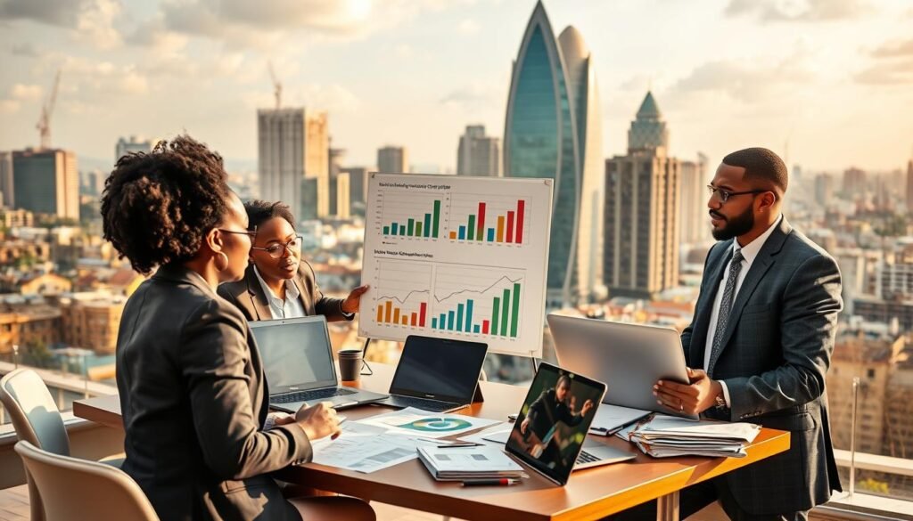 A dynamic scene showcasing investment opportunities in Nigeria, featuring a diverse group of professionals engaged in a lively discussion around a table filled with business documents and laptops. In the foreground, a Nigerian woman in a smart business suit is leading the conversation, while a middle-aged man in a tailored outfit takes notes. In the middle ground, a whiteboard displays charts and graphs representing market trends in Nigeria. The background displays vibrant cityscapes of Lagos, with modern skyscrapers contrasting against traditional architecture, bathed in warm, golden sunlight to create an uplifting atmosphere. The composition should be a wide-angle shot, capturing both the vibrancy of the professionals and the bustling environment, symbolizing growth and potential within the Nigerian startup ecosystem. A dynamic scene showcasing investment opportunities in Nigeria, featuring a diverse group of professionals engaged in a lively discussion around a table filled with business documents and laptops. In the foreground, a Nigerian woman in a smart business suit is leading the conversation, while a middle-aged man in a tailored outfit takes notes. In the middle ground, a whiteboard displays charts and graphs representing market trends in Nigeria. The background displays vibrant cityscapes of Lagos, with modern skyscrapers contrasting against traditional architecture, bathed in warm, golden sunlight to create an uplifting atmosphere. The composition should be a wide-angle shot, capturing both the vibrancy of the professionals and the bustling environment, symbolizing growth and potential within the Nigerian startup ecosystem.