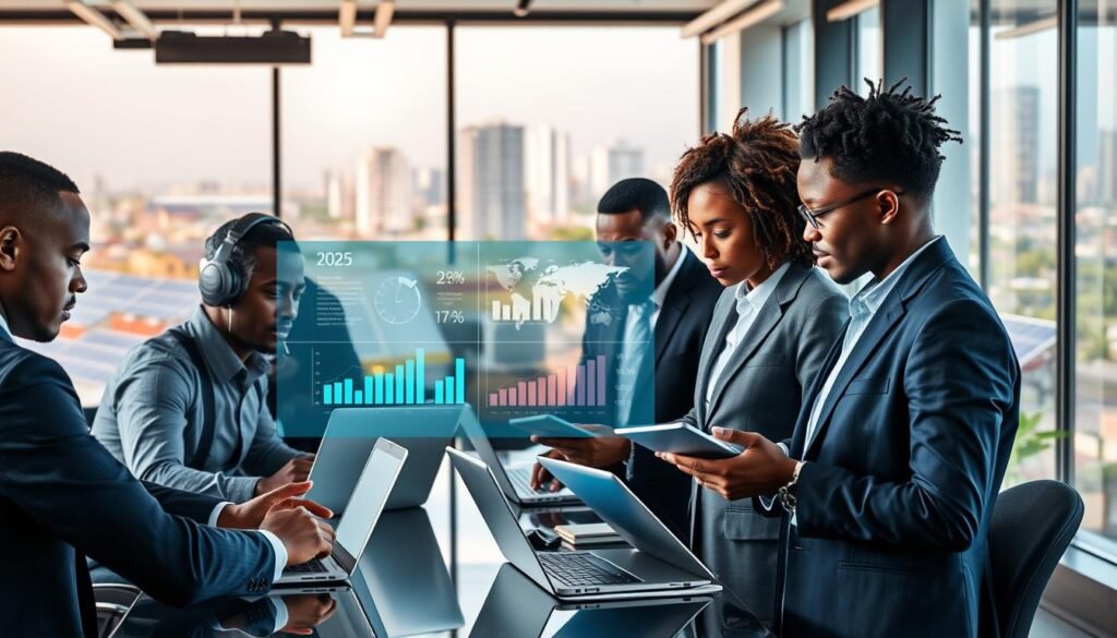 A dynamic workspace filled with modern tech innovation in Africa for 2025. In the foreground, a diverse group of professionals—men and women of various ethnicities—collaborating intensely, dressed in smart business attire, as they discuss strategies over laptops and digital tablets. The middle layer showcases transparent screens displaying data analytics and startup statistics, symbolizing growth trends. In the background, a vibrant cityscape unique to African cities, featuring solar panels and green spaces, reflects sustainable technology. Soft natural lighting filters in through large windows, creating an optimistic and inspiring atmosphere. Use a wide-angle lens to capture the collaborative energy and forward-thinking environment, emphasizing the intersection of tradition and modernity in the African tech ecosystem. A dynamic workspace filled with modern tech innovation in Africa for 2025. In the foreground, a diverse group of professionals—men and women of various ethnicities—collaborating intensely, dressed in smart business attire, as they discuss strategies over laptops and digital tablets. The middle layer showcases transparent screens displaying data analytics and startup statistics, symbolizing growth trends. In the background, a vibrant cityscape unique to African cities, featuring solar panels and green spaces, reflects sustainable technology. Soft natural lighting filters in through large windows, creating an optimistic and inspiring atmosphere. Use a wide-angle lens to capture the collaborative energy and forward-thinking environment, emphasizing the intersection of tradition and modernity in the African tech ecosystem.