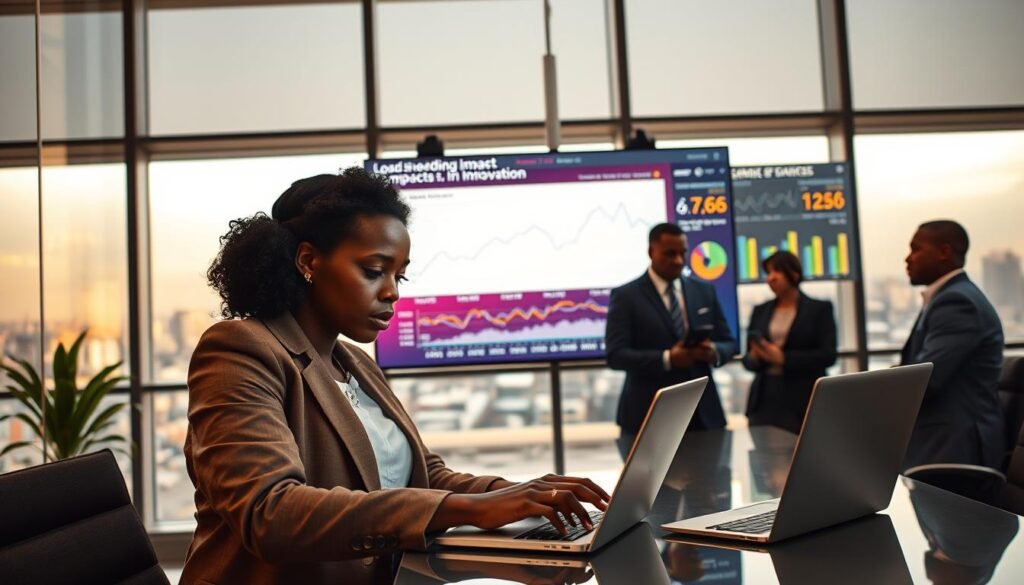 A focused South African business leader in a modern office, surrounded by charts depicting currency fluctuations and graphs illustrating load shedding impacts on innovation. In the foreground, the leader, a Black woman in professional attire, analyzes data on a laptop, showing determination and confidence. In the middle ground, a large digital screen displays fluctuating currency values alongside energy supply metrics, while colleagues in business attire engage in discussion. The background features large windows overlooking a vibrant cityscape, suggesting South Africa's economic landscape. The lighting is warm and inviting, with a hint of urgency, conveying a proactive atmosphere in tackling market challenges. The angle is slightly angled downwards, capturing the urgency of decision-making in real-time. A focused South African business leader in a modern office, surrounded by charts depicting currency fluctuations and graphs illustrating load shedding impacts on innovation. In the foreground, the leader, a Black woman in professional attire, analyzes data on a laptop, showing determination and confidence. In the middle ground, a large digital screen displays fluctuating currency values alongside energy supply metrics, while colleagues in business attire engage in discussion. The background features large windows overlooking a vibrant cityscape, suggesting South Africa's economic landscape. The lighting is warm and inviting, with a hint of urgency, conveying a proactive atmosphere in tackling market challenges. The angle is slightly angled downwards, capturing the urgency of decision-making in real-time.