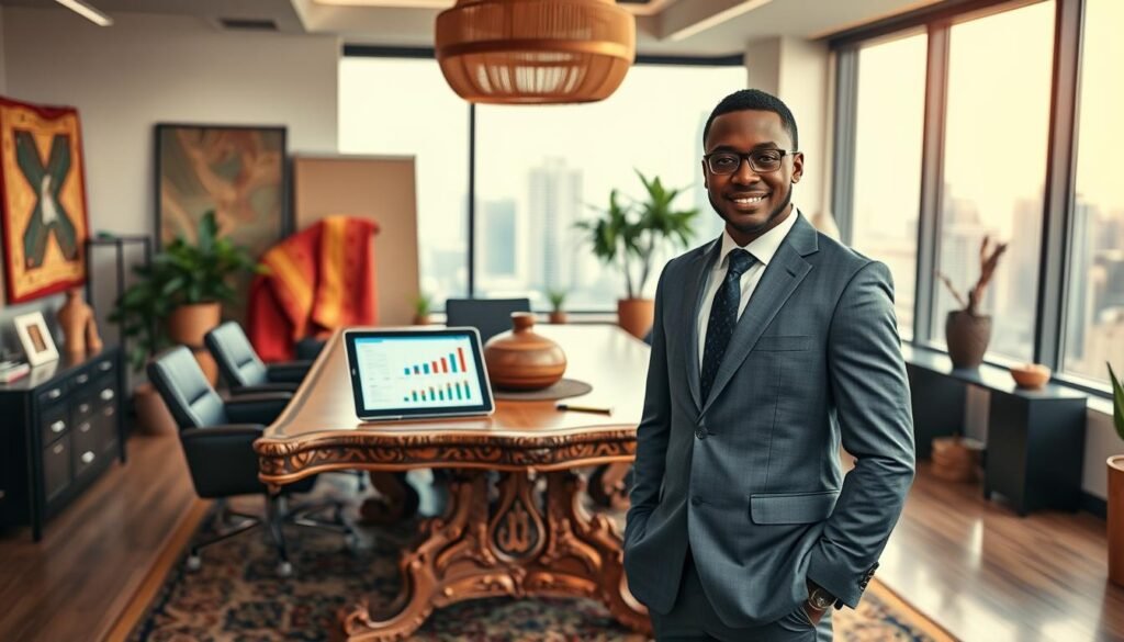 A modern Nigerian entrepreneur stands confidently in a vibrant office space that combines traditional Igbo and Yoruba decor with cutting-edge technology. In the foreground, the entrepreneur, dressed in a crisp, tailored suit, holds a tablet displaying data analytics, symbolizing modern business practices. In the middle, an intricately designed wooden table, adorned with cultural artifacts like a carved calabash and traditional fabrics, bridges the old and new. The background features a large window revealing a bustling cityscape, bathed in warm, natural light, suggesting growth and opportunity. The atmosphere is inspiring and harmonious, reflecting the fusion of cultural heritage and contemporary business. The image captures a moment of collaboration, with subtle elements accentuating the theme of integrating traditional values with modern techniques. Use a wide-angle lens to encapsulate the merging environments effectively. A modern Nigerian entrepreneur stands confidently in a vibrant office space that combines traditional Igbo and Yoruba decor with cutting-edge technology. In the foreground, the entrepreneur, dressed in a crisp, tailored suit, holds a tablet displaying data analytics, symbolizing modern business practices. In the middle, an intricately designed wooden table, adorned with cultural artifacts like a carved calabash and traditional fabrics, bridges the old and new. The background features a large window revealing a bustling cityscape, bathed in warm, natural light, suggesting growth and opportunity. The atmosphere is inspiring and harmonious, reflecting the fusion of cultural heritage and contemporary business. The image captures a moment of collaboration, with subtle elements accentuating the theme of integrating traditional values with modern techniques. Use a wide-angle lens to encapsulate the merging environments effectively.