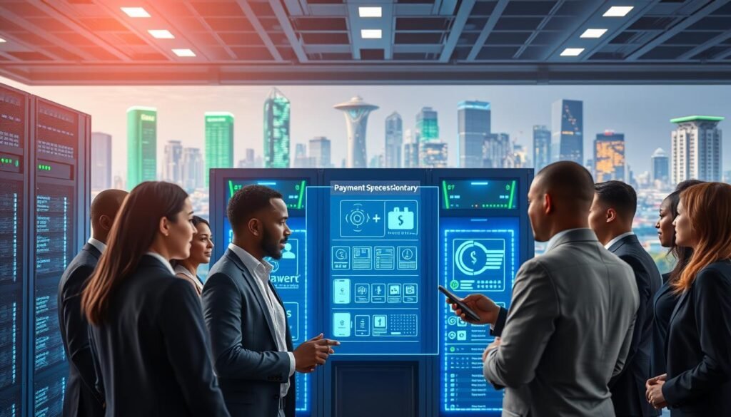 A modern and sophisticated payment systems infrastructure set in the context of African fintech. In the foreground, a diverse group of professionals dressed in business attire engage in collaborative discussions around a digital interface displaying blockchain technology and mobile payment options. The middle layer features high-tech servers and data centers, illuminated by cool blue and green lights, symbolizing security and innovation. In the background, a vibrant city skyline with modern architecture reflects a growing financial ecosystem. The image has a bright and optimistic atmosphere with soft focus and a slightly elevated angle, creating depth and a sense of forward-thinking progress in the fintech landscape. A modern and sophisticated payment systems infrastructure set in the context of African fintech. In the foreground, a diverse group of professionals dressed in business attire engage in collaborative discussions around a digital interface displaying blockchain technology and mobile payment options. The middle layer features high-tech servers and data centers, illuminated by cool blue and green lights, symbolizing security and innovation. In the background, a vibrant city skyline with modern architecture reflects a growing financial ecosystem. The image has a bright and optimistic atmosphere with soft focus and a slightly elevated angle, creating depth and a sense of forward-thinking progress in the fintech landscape.