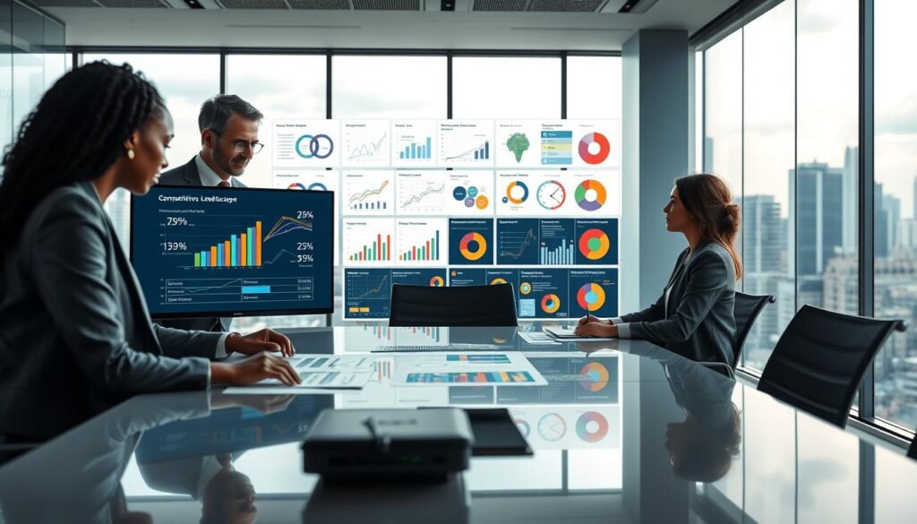 A modern office environment showcasing a competitive landscape analysis. In the foreground, a diverse team of three professionals in business attire, one African woman, one Caucasian man, and one Asian woman, are gathered around a sleek conference table, intensely examining colorful graphs and charts displayed on a high-tech digital screen. In the middle ground, various competitive landscape visuals, such as spider charts, bar graphs, and market share pie charts, are artistically arranged on a large wall, illustrating different market players. The background features a panoramic city view through large glass windows, emphasizing a vibrant urban atmosphere. Soft, natural lighting filters in, creating a productive and focused mood, with a slightly blurred bokeh effect on the cityscape to draw attention to the analysis front and center. A modern office environment showcasing a competitive landscape analysis. In the foreground, a diverse team of three professionals in business attire, one African woman, one Caucasian man, and one Asian woman, are gathered around a sleek conference table, intensely examining colorful graphs and charts displayed on a high-tech digital screen. In the middle ground, various competitive landscape visuals, such as spider charts, bar graphs, and market share pie charts, are artistically arranged on a large wall, illustrating different market players. The background features a panoramic city view through large glass windows, emphasizing a vibrant urban atmosphere. Soft, natural lighting filters in, creating a productive and focused mood, with a slightly blurred bokeh effect on the cityscape to draw attention to the analysis front and center.
