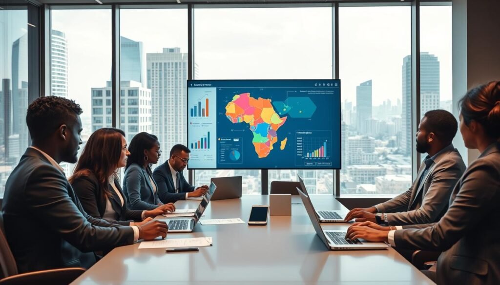 A modern office environment showcasing a strategic meeting for operational setup and market launch strategies in Africa. In the foreground, a diverse group of professionals, dressed in smart business attire, are engaged around a sleek conference table, analyzing charts and laptops. The middle ground features a large digital screen displaying graphs, market analysis, and a vibrant map of Africa, suggesting global outreach. The background presents large windows with a view of the bustling cityscape, with urban elements symbolizing growth and opportunity. The lighting is bright and professional, emphasizing a focused and collaborative atmosphere. The overall mood is dynamic and optimistic, reflecting innovation and strategic planning. A modern office environment showcasing a strategic meeting for operational setup and market launch strategies in Africa. In the foreground, a diverse group of professionals, dressed in smart business attire, are engaged around a sleek conference table, analyzing charts and laptops. The middle ground features a large digital screen displaying graphs, market analysis, and a vibrant map of Africa, suggesting global outreach. The background presents large windows with a view of the bustling cityscape, with urban elements symbolizing growth and opportunity. The lighting is bright and professional, emphasizing a focused and collaborative atmosphere. The overall mood is dynamic and optimistic, reflecting innovation and strategic planning.