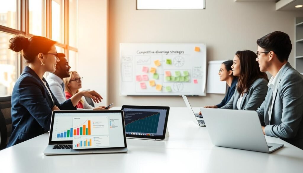 A modern office setting, featuring a diverse group of professionals in business attire engaged in a collaborative discussion around a large conference table. In the foreground, a focused woman points at a graph on a digital tablet, highlighting internal resource evaluation strategies. The middle ground showcases open laptop screens displaying analytics and resource allocation charts, while a whiteboard in the background has colorful post-it notes and diagrams related to competitive advantage strategies. Warm, natural lighting filters through large windows, creating a bright, inviting atmosphere. The overall mood is one of productivity, teamwork, and strategic thinking, capturing the essence of evaluating internal resources. A modern office setting, featuring a diverse group of professionals in business attire engaged in a collaborative discussion around a large conference table. In the foreground, a focused woman points at a graph on a digital tablet, highlighting internal resource evaluation strategies. The middle ground showcases open laptop screens displaying analytics and resource allocation charts, while a whiteboard in the background has colorful post-it notes and diagrams related to competitive advantage strategies. Warm, natural lighting filters through large windows, creating a bright, inviting atmosphere. The overall mood is one of productivity, teamwork, and strategic thinking, capturing the essence of evaluating internal resources.