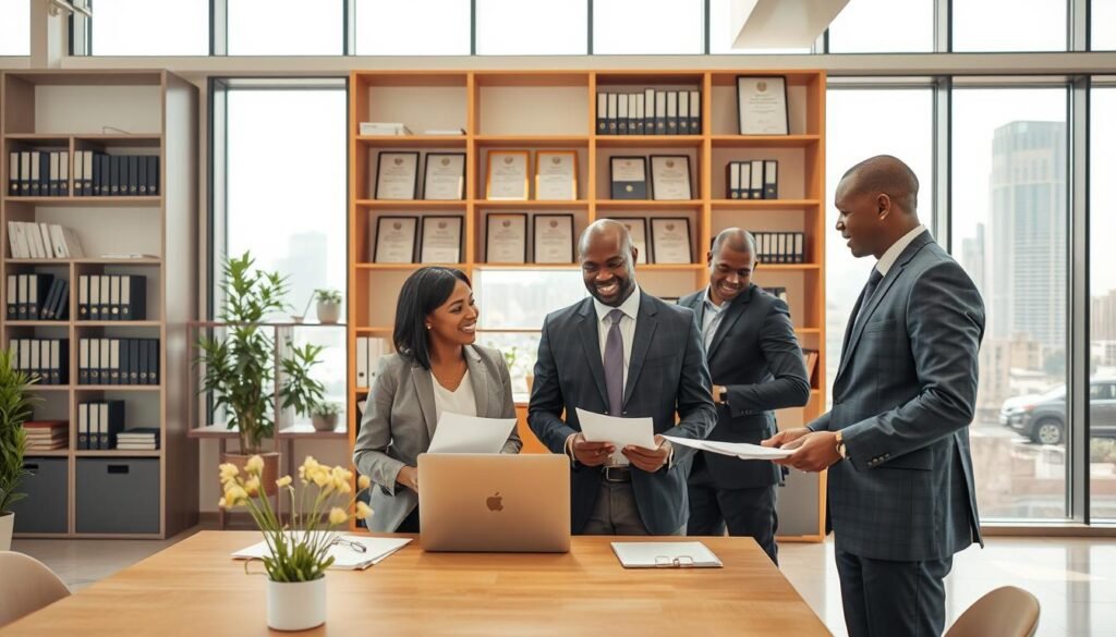 A modern office setting in Nairobi, Kenya, showcasing a professional business registration environment. In the foreground, a diverse group of three professionals in smart business attire, including a woman in a blazer and two men in suits, gathered around a table with documents and a laptop, discussing business compliance. The middle ground features shelves with business books and certificates on the wall, symbolizing entrepreneurship. In the background, large windows let in natural light, revealing a glimpse of the Nairobi skyline. The scene is bright and organized, conveying a sense of hope and determination, with a warm color palette. Use a slight overhead angle to create depth and focus on the interaction between the individuals. Perfect lighting to enhance clarity and vibrancy of the visuals. A modern office setting in Nairobi, Kenya, showcasing a professional business registration environment. In the foreground, a diverse group of three professionals in smart business attire, including a woman in a blazer and two men in suits, gathered around a table with documents and a laptop, discussing business compliance. The middle ground features shelves with business books and certificates on the wall, symbolizing entrepreneurship. In the background, large windows let in natural light, revealing a glimpse of the Nairobi skyline. The scene is bright and organized, conveying a sense of hope and determination, with a warm color palette. Use a slight overhead angle to create depth and focus on the interaction between the individuals. Perfect lighting to enhance clarity and vibrancy of the visuals.