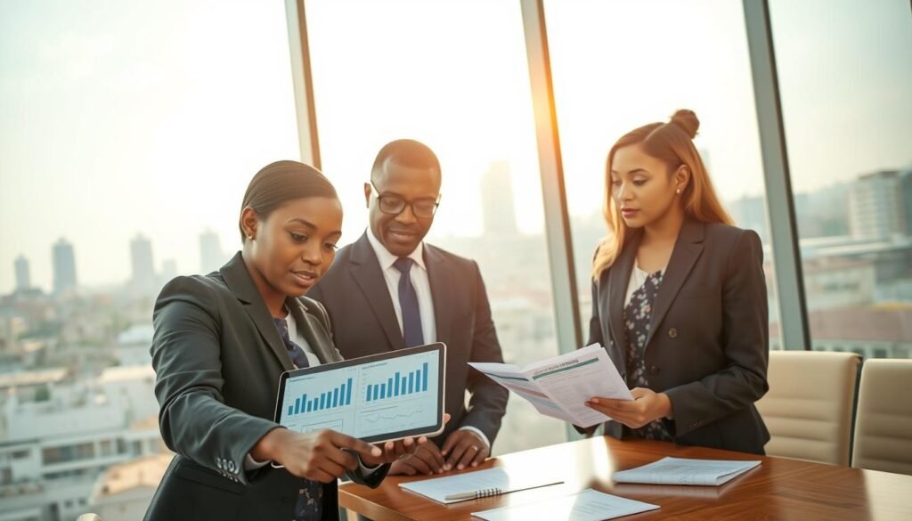 A modern office setting in Nigeria's fintech sector, showcasing a group of diverse professionals in formal business attire, intently discussing regulatory compliance strategies. In the foreground, a Black female compliance officer points at a digital tablet displaying financial charts and compliance frameworks. In the middle, two colleagues, a South Asian male and a Caucasian female, engage in conversation, with noticeable documents related to Nigerian fintech regulations on the table. The background features large windows with a view of Abuja's skyline, bathed in soft afternoon sunlight that creates a warm atmosphere. The image conveys a sense of professionalism, collaboration, and innovation, highlighting the importance of regulations in the fast-evolving fintech landscape of Nigeria. A modern office setting in Nigeria's fintech sector, showcasing a group of diverse professionals in formal business attire, intently discussing regulatory compliance strategies. In the foreground, a Black female compliance officer points at a digital tablet displaying financial charts and compliance frameworks. In the middle, two colleagues, a South Asian male and a Caucasian female, engage in conversation, with noticeable documents related to Nigerian fintech regulations on the table. The background features large windows with a view of Abuja's skyline, bathed in soft afternoon sunlight that creates a warm atmosphere. The image conveys a sense of professionalism, collaboration, and innovation, highlighting the importance of regulations in the fast-evolving fintech landscape of Nigeria.