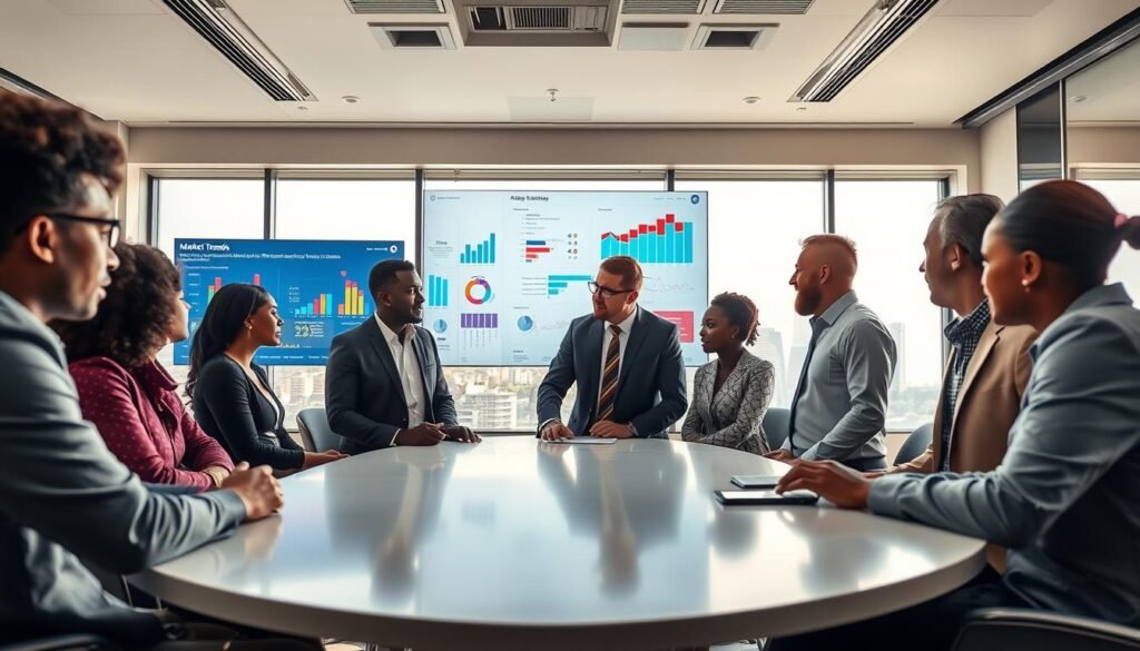 A modern office space illustrating "market trends and data insights" in the context of the African startup ecosystem. In the foreground, a diverse group of professionals in business attire gather around a sleek conference table, analyzing vibrant graphs and charts displayed on a digital screen. The middle ground features a large wall-mounted monitor showcasing dynamic data visualizations and key statistics. In the background, an expansive window offers a view of a bustling African city skyline under bright, natural lighting. The atmosphere is focused and collaborative, with a sense of optimism and innovation. Use a wide-angle lens to capture the energy of the workspace, emphasizing the importance of data-driven decisions in the startup landscape. A modern office space illustrating "market trends and data insights" in the context of the African startup ecosystem. In the foreground, a diverse group of professionals in business attire gather around a sleek conference table, analyzing vibrant graphs and charts displayed on a digital screen. The middle ground features a large wall-mounted monitor showcasing dynamic data visualizations and key statistics. In the background, an expansive window offers a view of a bustling African city skyline under bright, natural lighting. The atmosphere is focused and collaborative, with a sense of optimism and innovation. Use a wide-angle lens to capture the energy of the workspace, emphasizing the importance of data-driven decisions in the startup landscape.