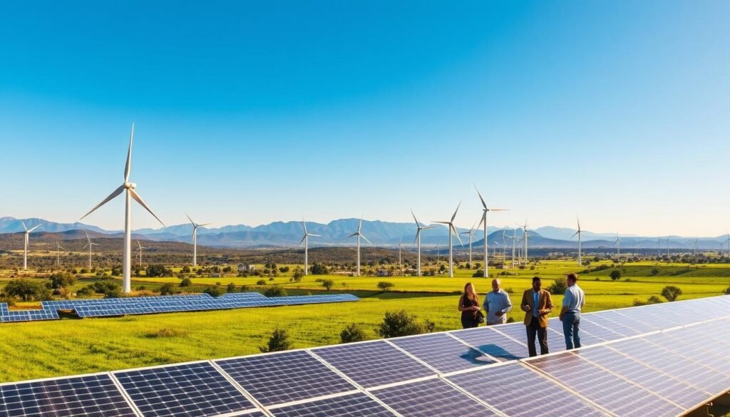 A panoramic view of Africa's renewable energy market, showcasing a vibrant landscape dotted with solar farms and wind turbines under a clear blue sky. In the foreground, diverse solar panels glimmer under the sunlight, while mid-ground wind turbines spin gracefully in the gentle breeze. Lush green fields and distant mountains create a striking backdrop, symbolizing the vast natural resources of the continent. A group of professionals in business attire, engaged in discussion, stands nearby, representing collaboration in renewable energy initiatives. The lighting emphasizes a bright and optimistic atmosphere, with golden hour hues casting warm tones over the scene, capturing the potential and dynamism of investing in renewable energy in Africa. A panoramic view of Africa's renewable energy market, showcasing a vibrant landscape dotted with solar farms and wind turbines under a clear blue sky. In the foreground, diverse solar panels glimmer under the sunlight, while mid-ground wind turbines spin gracefully in the gentle breeze. Lush green fields and distant mountains create a striking backdrop, symbolizing the vast natural resources of the continent. A group of professionals in business attire, engaged in discussion, stands nearby, representing collaboration in renewable energy initiatives. The lighting emphasizes a bright and optimistic atmosphere, with golden hour hues casting warm tones over the scene, capturing the potential and dynamism of investing in renewable energy in Africa.