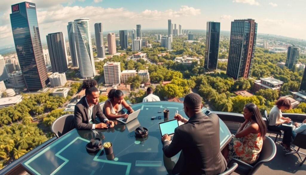 A panoramic view of a bustling tech hub in Africa, showcasing modern skyscrapers and innovative architecture symbolizing growth and evolution. In the foreground, a diverse group of professionals in business attire collaborates around a high-tech table, engaging with digital devices. The middle ground features vibrant co-working spaces filled with creative individuals brainstorming and coding on laptops. In the background, lush greenery intertwines with urban development, highlighting sustainability. The scene is bathed in soft, golden afternoon light, creating a warm and inviting atmosphere. Capture this vibrant landscape with a wide-angle lens to emphasize the dynamic interaction between technology and nature, evoking a sense of optimism and progress. A panoramic view of a bustling tech hub in Africa, showcasing modern skyscrapers and innovative architecture symbolizing growth and evolution. In the foreground, a diverse group of professionals in business attire collaborates around a high-tech table, engaging with digital devices. The middle ground features vibrant co-working spaces filled with creative individuals brainstorming and coding on laptops. In the background, lush greenery intertwines with urban development, highlighting sustainability. The scene is bathed in soft, golden afternoon light, creating a warm and inviting atmosphere. Capture this vibrant landscape with a wide-angle lens to emphasize the dynamic interaction between technology and nature, evoking a sense of optimism and progress.