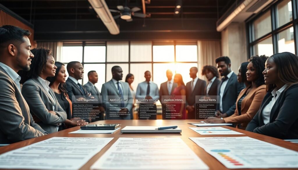 A professional and informative workspace depicting the eligibility criteria for grants aimed at African startups in 2026. In the foreground, a diverse group of individuals dressed in professional business attire, including men and women of various ethnic backgrounds, engaged in a discussion around a stylish wooden table. The middle ground features clear visual representations of documents and charts illustrating grant requirements, eligibility criteria, and application processes. In the background, a large window allows soft, natural light to flood the room, casting a warm glow over the scene. The atmosphere is collaborative and focused, with a sense of optimism and innovation, highlighting the potential of startups in Africa. The image is framed at a slight angle to create depth and interest. A professional and informative workspace depicting the eligibility criteria for grants aimed at African startups in 2026. In the foreground, a diverse group of individuals dressed in professional business attire, including men and women of various ethnic backgrounds, engaged in a discussion around a stylish wooden table. The middle ground features clear visual representations of documents and charts illustrating grant requirements, eligibility criteria, and application processes. In the background, a large window allows soft, natural light to flood the room, casting a warm glow over the scene. The atmosphere is collaborative and focused, with a sense of optimism and innovation, highlighting the potential of startups in Africa. The image is framed at a slight angle to create depth and interest.