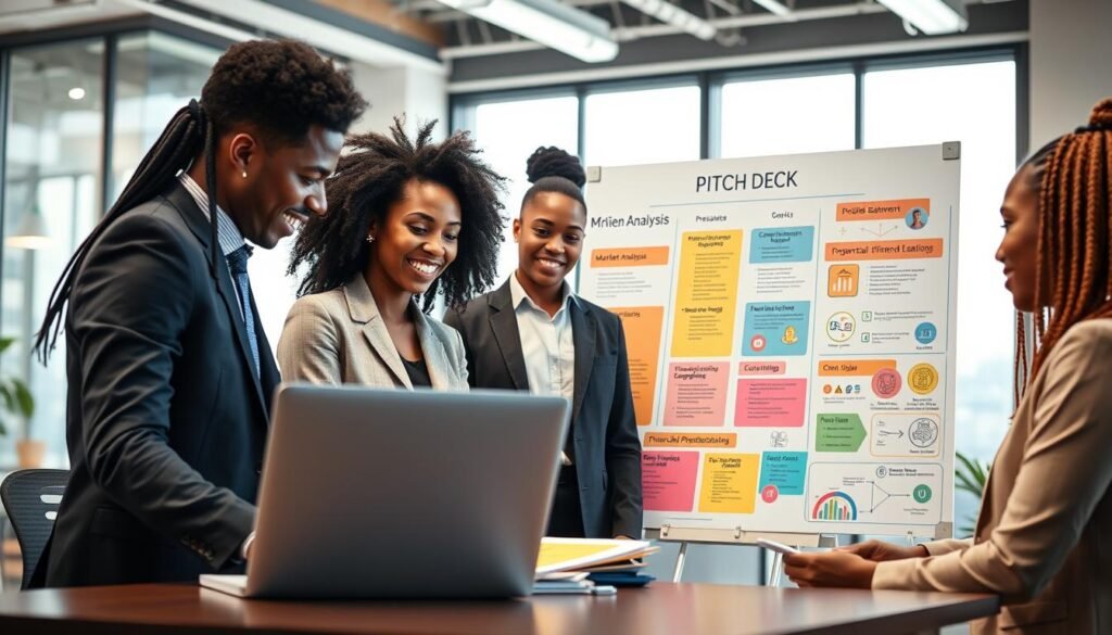 A professional and visually engaging step-by-step guide to writing a pitch deck for African startups. In the foreground, display a diverse group of four individuals in professional business attire, focusing on a laptop and colorful documents illustrating pitch deck elements. In the middle, showcase a large, creatively designed presentation board filled with sections like "Problem Statement," "Market Analysis," and "Financial Projections," using vibrant colors and icons. The background should feature a modern office setting with soft, natural lighting filtering through large windows, lending an inspiring and productive atmosphere. Use a wide-angle lens perspective to capture depth and detail, emphasizing collaboration and creativity in the pitch deck development process. The overall mood should be energetic, motivating, and professional. A professional and visually engaging step-by-step guide to writing a pitch deck for African startups. In the foreground, display a diverse group of four individuals in professional business attire, focusing on a laptop and colorful documents illustrating pitch deck elements. In the middle, showcase a large, creatively designed presentation board filled with sections like "Problem Statement," "Market Analysis," and "Financial Projections," using vibrant colors and icons. The background should feature a modern office setting with soft, natural lighting filtering through large windows, lending an inspiring and productive atmosphere. Use a wide-angle lens perspective to capture depth and detail, emphasizing collaboration and creativity in the pitch deck development process. The overall mood should be energetic, motivating, and professional.