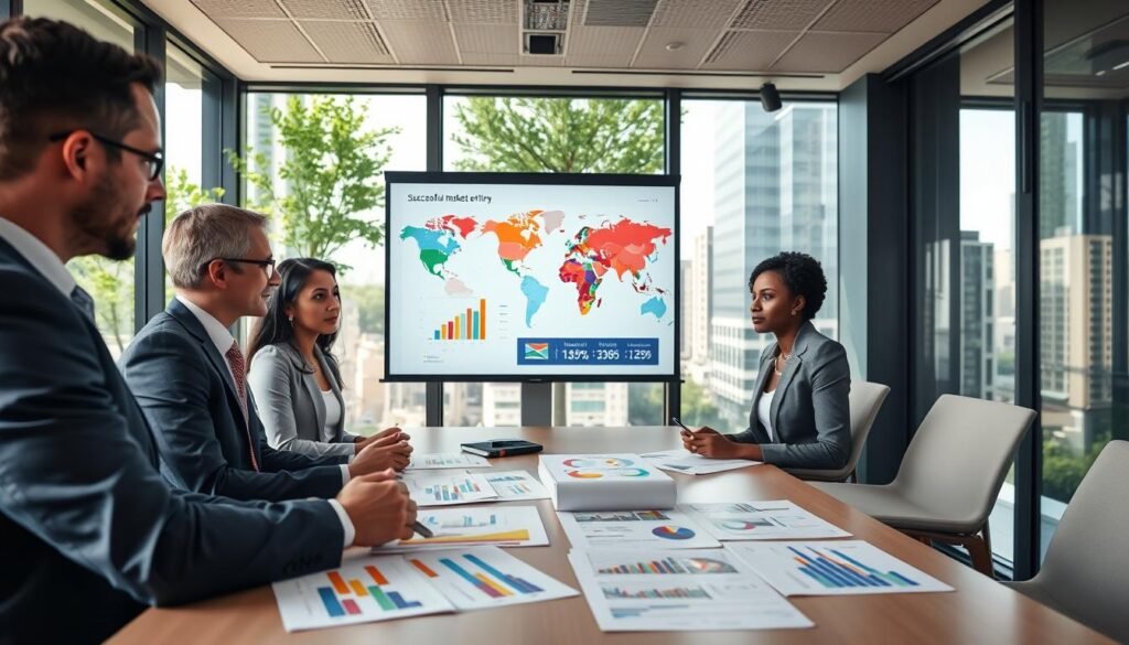 A professional business meeting set in a modern conference room. In the foreground, a diverse group of four business professionals, dressed in business attire, engage in a discussion around a table filled with reports and charts highlighting successful market entry case studies in Africa. The middle area showcases a large projection screen displaying vibrant graphs and maps illustrating market trends. In the background, large windows reveal a bustling cityscape outside, with greenery peeking through, symbolizing growth and opportunity. Soft natural light filters through the room, creating an inspiring and optimistic atmosphere, emphasizing collaboration and strategic planning. The camera angle is slightly elevated, focusing on the interaction among the team members while capturing the professional setting. A professional business meeting set in a modern conference room. In the foreground, a diverse group of four business professionals, dressed in business attire, engage in a discussion around a table filled with reports and charts highlighting successful market entry case studies in Africa. The middle area showcases a large projection screen displaying vibrant graphs and maps illustrating market trends. In the background, large windows reveal a bustling cityscape outside, with greenery peeking through, symbolizing growth and opportunity. Soft natural light filters through the room, creating an inspiring and optimistic atmosphere, emphasizing collaboration and strategic planning. The camera angle is slightly elevated, focusing on the interaction among the team members while capturing the professional setting.