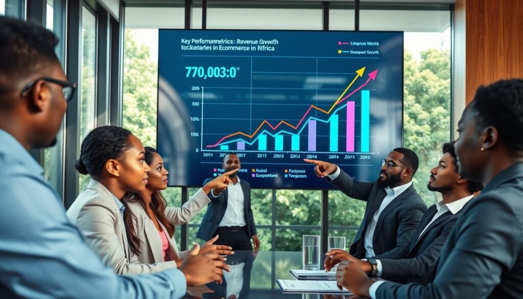 A professional business setting featuring a modern conference room with a large, transparent screen displaying vibrant key performance metrics and revenue growth charts. In the foreground, a diverse group of business professionals dressed in smart casual attire is engaged in discussion, pointing towards the screen, showcasing collaboration. In the middle ground, a sleek graph illustrating exponential growth trends in ecommerce in Africa, adorned with colorful data points and arrows indicating upward momentum. The background features large windows allowing natural light to flood in, creating an inviting atmosphere. Use a high-angle view to capture both the participants and the visual data. The mood is optimistic and focused, signifying growth and insight in the ecommerce landscape of Nigeria. A professional business setting featuring a modern conference room with a large, transparent screen displaying vibrant key performance metrics and revenue growth charts. In the foreground, a diverse group of business professionals dressed in smart casual attire is engaged in discussion, pointing towards the screen, showcasing collaboration. In the middle ground, a sleek graph illustrating exponential growth trends in ecommerce in Africa, adorned with colorful data points and arrows indicating upward momentum. The background features large windows allowing natural light to flood in, creating an inviting atmosphere. Use a high-angle view to capture both the participants and the visual data. The mood is optimistic and focused, signifying growth and insight in the ecommerce landscape of Nigeria.