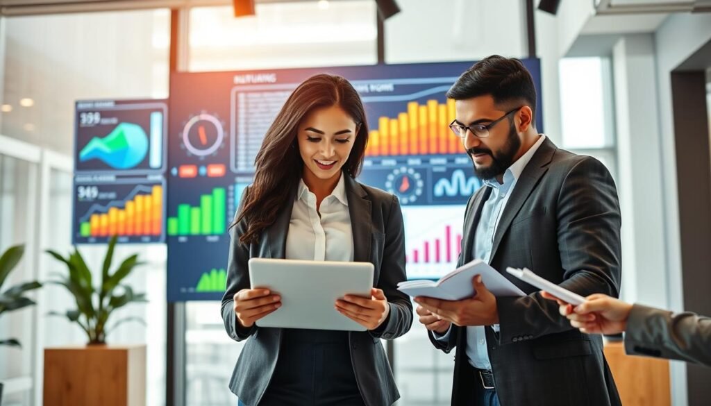 A professional business setting showcasing a diverse team of three individuals collaborating on a digital marketing strategy. In the foreground, a focused woman of African descent, wearing smart casual attire, engages with a digital tablet, analyzing data. Beside her, a man of South Asian descent, in a crisp blazer, takes notes on a notepad. The middle ground features a large digital screen displaying vibrant charts and graphs representing key marketing metrics. The background shows a modern office environment with large windows, allowing natural light to flood the room, creating a bright and motivational atmosphere. The mood is collaborative and innovative, emphasizing teamwork and strategic thinking in marketing for startups. Use a wide-angle view to capture all elements harmoniously. A professional business setting showcasing a diverse team of three individuals collaborating on a digital marketing strategy. In the foreground, a focused woman of African descent, wearing smart casual attire, engages with a digital tablet, analyzing data. Beside her, a man of South Asian descent, in a crisp blazer, takes notes on a notepad. The middle ground features a large digital screen displaying vibrant charts and graphs representing key marketing metrics. The background shows a modern office environment with large windows, allowing natural light to flood the room, creating a bright and motivational atmosphere. The mood is collaborative and innovative, emphasizing teamwork and strategic thinking in marketing for startups. Use a wide-angle view to capture all elements harmoniously.