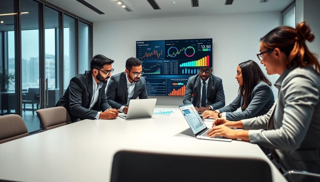 A professional office environment illustrating the concept of "Measuring Performance and Adjusting Your Approach." In the foreground, a diverse group of business professionals—two men and one woman—are gathered around a modern conference table. They are dressed in professional attire, intensely examining a mix of graphs and charts displayed on a laptop screen. The middle layer features a large digital screen on the wall with performance metrics and analytics, showcasing vibrant colors and clear data visualization. The background consists of a sleek office design with large windows allowing natural light to flood the room, creating an inspiring atmosphere. The angle is slightly elevated, capturing the team's engagement and focus, with soft lighting enhancing the professional mood of collaboration and strategy. A professional office environment illustrating the concept of "Measuring Performance and Adjusting Your Approach." In the foreground, a diverse group of business professionals—two men and one woman—are gathered around a modern conference table. They are dressed in professional attire, intensely examining a mix of graphs and charts displayed on a laptop screen. The middle layer features a large digital screen on the wall with performance metrics and analytics, showcasing vibrant colors and clear data visualization. The background consists of a sleek office design with large windows allowing natural light to flood the room, creating an inspiring atmosphere. The angle is slightly elevated, capturing the team's engagement and focus, with soft lighting enhancing the professional mood of collaboration and strategy.