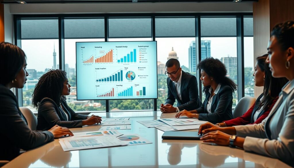 A professional setting depicting impact investing in Africa, focusing on diverse individuals in business attire engaged in discussion. In the foreground, a diverse group of professionals—Black, South Asian, and Caucasian—are reviewing reports and graphs on a sleek conference table. The middle layer shows a digital screen with charts illustrating growth in impact investing sectors like renewable energy and education. In the background, a window reveals a vibrant African cityscape, with modern buildings and greenery. The lighting is soft, with warm tones to convey optimism and collaboration. The atmosphere is insightful and dynamic, highlighting the importance of career success factors in impact investing. Camera angle: slightly overhead, emphasizing the collaborative nature of the meeting. A professional setting depicting impact investing in Africa, focusing on diverse individuals in business attire engaged in discussion. In the foreground, a diverse group of professionals—Black, South Asian, and Caucasian—are reviewing reports and graphs on a sleek conference table. The middle layer shows a digital screen with charts illustrating growth in impact investing sectors like renewable energy and education. In the background, a window reveals a vibrant African cityscape, with modern buildings and greenery. The lighting is soft, with warm tones to convey optimism and collaboration. The atmosphere is insightful and dynamic, highlighting the importance of career success factors in impact investing. Camera angle: slightly overhead, emphasizing the collaborative nature of the meeting.
