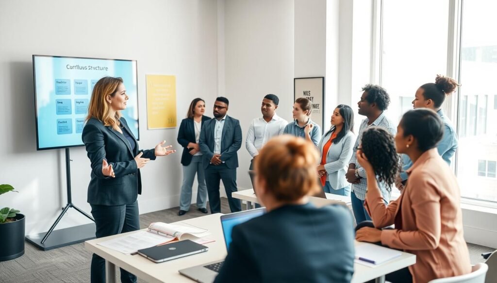 A professional workshop setting featuring a diverse group of individuals engaged in a collaborative learning environment. In the foreground, a female instructor in business attire, explaining a curriculum structure on a digital screen, surrounded by attentive participants of various ethnic backgrounds, also dressed in smart casual clothing. The middle ground showcases tables with laptops, textbooks, and notes, representing a structured program curriculum. In the background, large windows allow soft, natural light to illuminate the space, creating a welcoming atmosphere. The room is modern and stylish, with a light color palette and motivational posters on the walls. The angle is slightly elevated, capturing both the interaction and the environment, evoking a sense of focus and commitment to learning. A professional workshop setting featuring a diverse group of individuals engaged in a collaborative learning environment. In the foreground, a female instructor in business attire, explaining a curriculum structure on a digital screen, surrounded by attentive participants of various ethnic backgrounds, also dressed in smart casual clothing. The middle ground showcases tables with laptops, textbooks, and notes, representing a structured program curriculum. In the background, large windows allow soft, natural light to illuminate the space, creating a welcoming atmosphere. The room is modern and stylish, with a light color palette and motivational posters on the walls. The angle is slightly elevated, capturing both the interaction and the environment, evoking a sense of focus and commitment to learning.