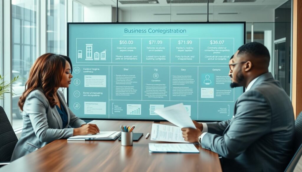 A professional workspace depicting the business registration compliance steps in Nigeria. In the foreground, a diverse group of individuals in business attire, including a woman in a blue blazer and a man in a grey suit, are engaged in a discussion while reviewing documents at a conference table. The middle ground features a digital display board illustrating the step-by-step compliance process, with visuals of forms, checklists, and an outline of regulations. The background shows a modern office with glass windows allowing natural light to flood the scene, creating a bright and inviting atmosphere. Use a wide-angle lens perspective to capture the details and ensure the image feels dynamic and informative, promoting a sense of professionalism and collaboration. A professional workspace depicting the business registration compliance steps in Nigeria. In the foreground, a diverse group of individuals in business attire, including a woman in a blue blazer and a man in a grey suit, are engaged in a discussion while reviewing documents at a conference table. The middle ground features a digital display board illustrating the step-by-step compliance process, with visuals of forms, checklists, and an outline of regulations. The background shows a modern office with glass windows allowing natural light to flood the scene, creating a bright and inviting atmosphere. Use a wide-angle lens perspective to capture the details and ensure the image feels dynamic and informative, promoting a sense of professionalism and collaboration.