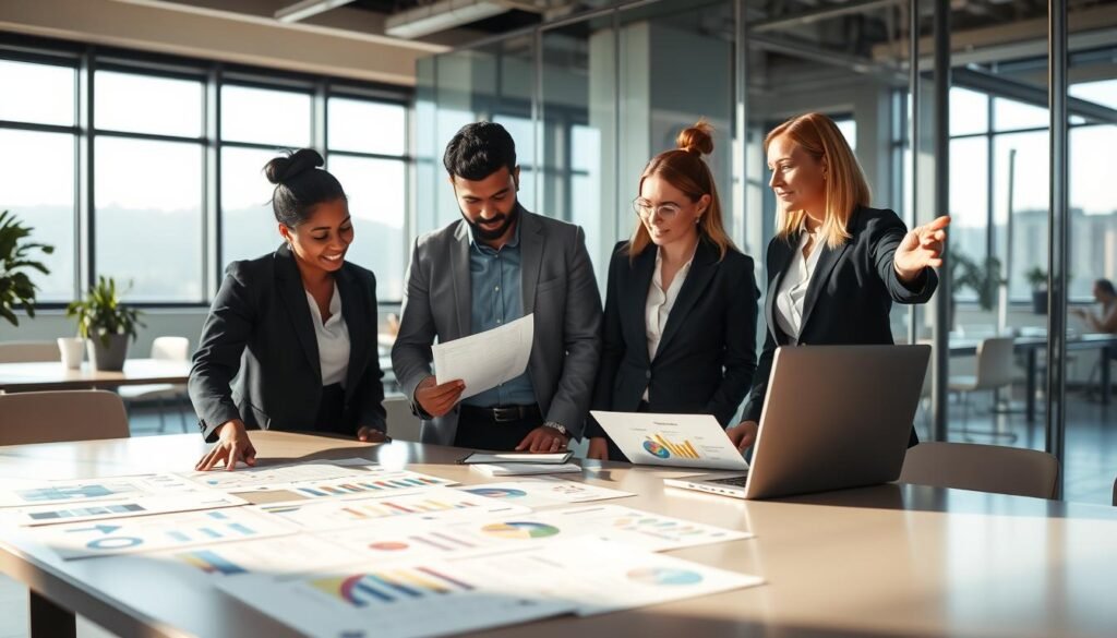 A professional workspace featuring a diverse group of businesspeople engaged in a brainstorming session. In the foreground, a sleek conference table is covered with strategic planning materials, colorful charts, and business graphs. The middle ground shows three individuals deep in discussion; a Black woman in a smart blazer points to a document, while a South Asian man in a formal shirt makes notes. A Caucasian woman, also in professional attire, gestures towards a digital presentation displayed on a laptop. The background reveals a modern office with large windows, allowing natural light to flood the room, creating an inspiring atmosphere. Soft shadows and a warm color palette enhance the mood of collaboration and innovation. The composition emphasizes teamwork and the process of refining a business idea. A professional workspace featuring a diverse group of businesspeople engaged in a brainstorming session. In the foreground, a sleek conference table is covered with strategic planning materials, colorful charts, and business graphs. The middle ground shows three individuals deep in discussion; a Black woman in a smart blazer points to a document, while a South Asian man in a formal shirt makes notes. A Caucasian woman, also in professional attire, gestures towards a digital presentation displayed on a laptop. The background reveals a modern office with large windows, allowing natural light to flood the room, creating an inspiring atmosphere. Soft shadows and a warm color palette enhance the mood of collaboration and innovation. The composition emphasizes teamwork and the process of refining a business idea.