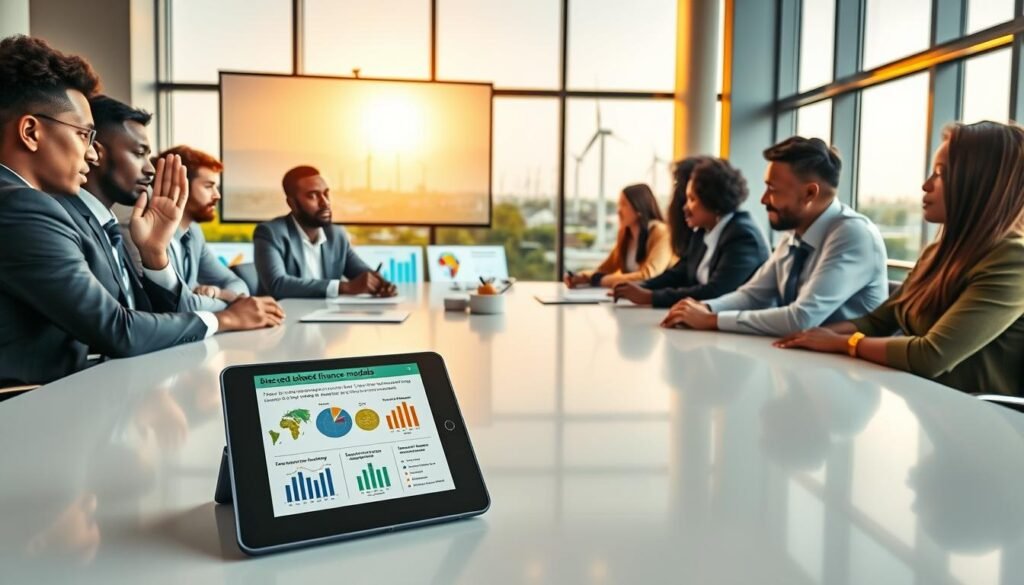 A professional workspace filled with diverse business professionals in smart casual attire, engaged in collaborative discussions over a sleek, modern table. In the foreground, a digital tablet displays infographics on blended finance models, showcasing renewable energy projects. The middle ground features charts and graphs projected on a screen, highlighting capital innovation in Africa's renewable energy sector. In the background, large windows reveal a vibrant, sunlit cityscape with solar panels and wind turbines. The overall mood is dynamic and optimistic, with warm, natural lighting emanating from the windows, symbolizing hope and innovation. The composition captures a sense of teamwork and forward-thinking solutions for sustainable energy. A professional workspace filled with diverse business professionals in smart casual attire, engaged in collaborative discussions over a sleek, modern table. In the foreground, a digital tablet displays infographics on blended finance models, showcasing renewable energy projects. The middle ground features charts and graphs projected on a screen, highlighting capital innovation in Africa's renewable energy sector. In the background, large windows reveal a vibrant, sunlit cityscape with solar panels and wind turbines. The overall mood is dynamic and optimistic, with warm, natural lighting emanating from the windows, symbolizing hope and innovation. The composition captures a sense of teamwork and forward-thinking solutions for sustainable energy.