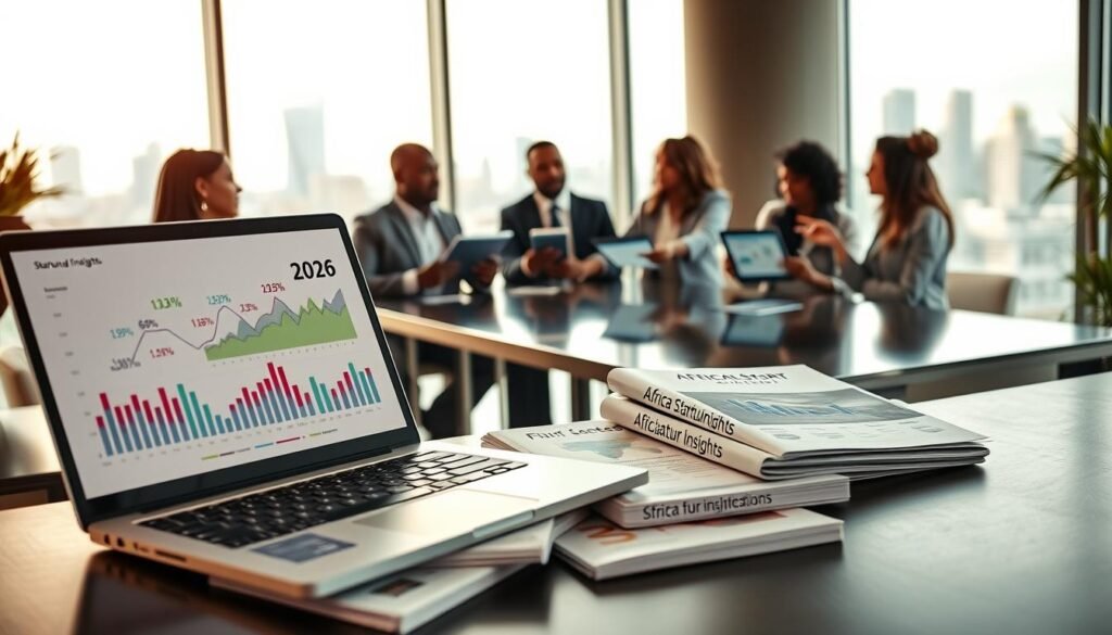 A professional workspace setting showcasing an array of diverse data sources used in startup funding analysis. In the foreground, an open laptop displays dynamic graphs and charts, symbolizing funding trends. A stack of reports titled "Africa Startup Insights 2026" lies next to it. In the middle ground, a sleek conference table is surrounded by professionals in business attire, discussing passionately while pointing at digital tablets showcasing innovative funding statistics. The background features large windows letting in soft natural light, with a city skyline visible, representing growth and opportunity. The mood is collaborative and forward-thinking, capturing the essence of Africa’s vibrant startup ecosystem. Shot from a slight angle to create depth, with warm lighting to enhance the atmosphere of innovation. A professional workspace setting showcasing an array of diverse data sources used in startup funding analysis. In the foreground, an open laptop displays dynamic graphs and charts, symbolizing funding trends. A stack of reports titled "Africa Startup Insights 2026" lies next to it. In the middle ground, a sleek conference table is surrounded by professionals in business attire, discussing passionately while pointing at digital tablets showcasing innovative funding statistics. The background features large windows letting in soft natural light, with a city skyline visible, representing growth and opportunity. The mood is collaborative and forward-thinking, capturing the essence of Africa’s vibrant startup ecosystem. Shot from a slight angle to create depth, with warm lighting to enhance the atmosphere of innovation.