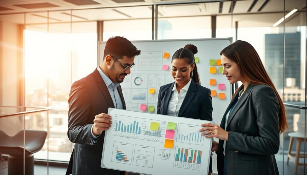 A professional workspace showcasing the structuring of financials and business models. In the foreground, a diverse group of three individuals in business attire, focused on a digital tablet displaying financial graphs and charts, collaborating intently. The middle of the image features a large whiteboard filled with financial diagrams, business model canvases, and color-coded sticky notes. The background includes a sleek, modern office environment with glass walls, bright natural light streaming in, and cityscape views outside. The overall mood is energetic and innovative, emphasizing teamwork and professionalism in a dynamic startup atmosphere. The lighting is bright and warm, creating an inviting and motivating space for aspiring entrepreneurs. A professional workspace showcasing the structuring of financials and business models. In the foreground, a diverse group of three individuals in business attire, focused on a digital tablet displaying financial graphs and charts, collaborating intently. The middle of the image features a large whiteboard filled with financial diagrams, business model canvases, and color-coded sticky notes. The background includes a sleek, modern office environment with glass walls, bright natural light streaming in, and cityscape views outside. The overall mood is energetic and innovative, emphasizing teamwork and professionalism in a dynamic startup atmosphere. The lighting is bright and warm, creating an inviting and motivating space for aspiring entrepreneurs.