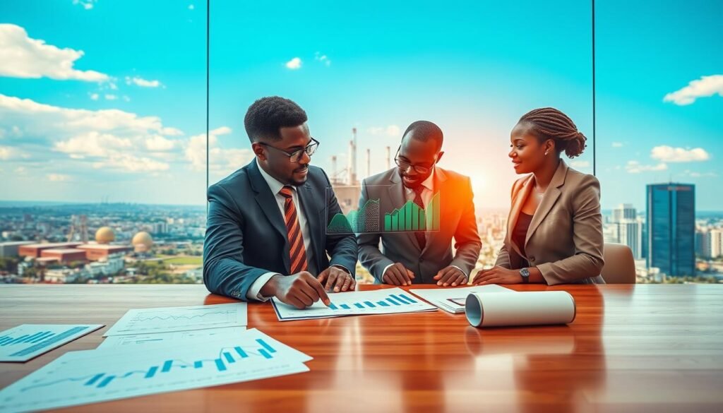 A rich, vibrant composition illustrating factors influencing wealth and market trends in Africa. In the foreground, a diverse group of three professionals, two men and a woman, dressed in smart business attire, engaged in a discussion over financial graphs and charts laid on a polished wooden table. In the middle ground, a digital screen displays rising market trends, with dynamic graphs and symbols of industry, like factories and agricultural elements. The background features a skyline of a bustling African city under a clear blue sky, depicting growth and progress. Soft, warm lighting casts an optimistic glow over the scene, creating a sense of ambition and success, while maintaining a professional atmosphere. The focus is on the interaction and the elements that symbolize wealth and opportunity. A rich, vibrant composition illustrating factors influencing wealth and market trends in Africa. In the foreground, a diverse group of three professionals, two men and a woman, dressed in smart business attire, engaged in a discussion over financial graphs and charts laid on a polished wooden table. In the middle ground, a digital screen displays rising market trends, with dynamic graphs and symbols of industry, like factories and agricultural elements. The background features a skyline of a bustling African city under a clear blue sky, depicting growth and progress. Soft, warm lighting casts an optimistic glow over the scene, creating a sense of ambition and success, while maintaining a professional atmosphere. The focus is on the interaction and the elements that symbolize wealth and opportunity.