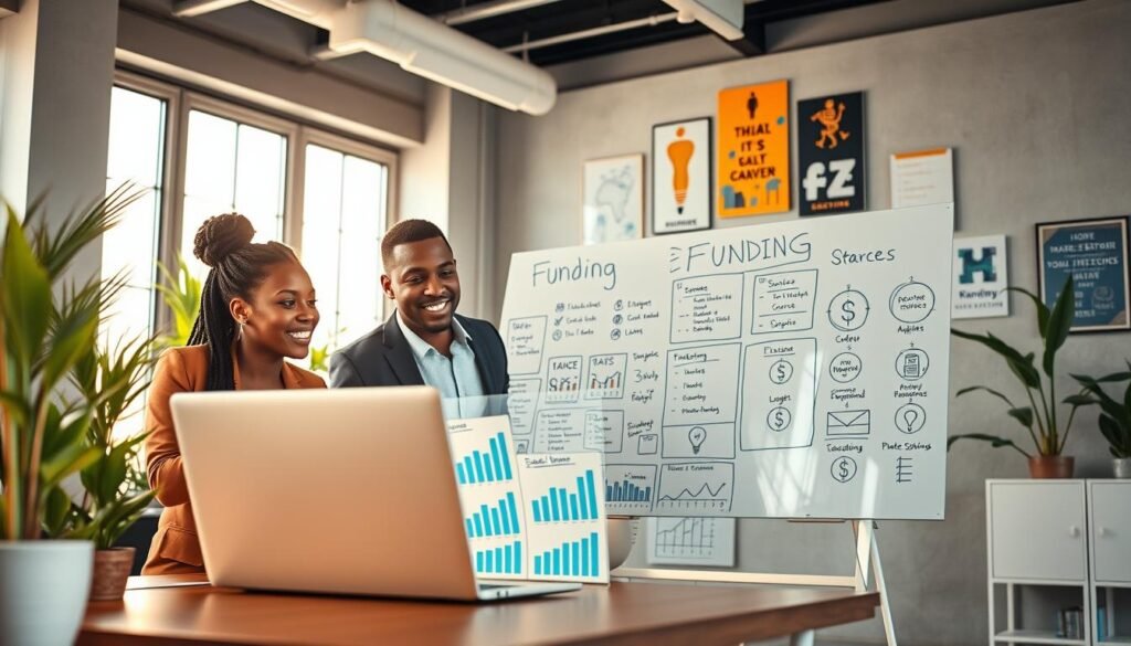 A scene illustrating "funding mentorship strategies" with an African startup theme. In the foreground, a diverse group of three professionals, dressed in smart business attire, engaged in a animated discussion over a laptop with graphs and charts displaying funding sources. In the middle ground, a large whiteboard filled with strategic plans and funding criteria, featuring icons of dollar signs and mentorship symbols. The background showcases bright, modern office elements, including plants and motivational posters on the walls, creating an inviting workspace atmosphere. Soft, warm lighting filters through large windows, casting a positive, collaborative mood, while a wide-angle view captures the synergy of the environment. The overall vibe is one of hope, innovation, and teamwork. A scene illustrating "funding mentorship strategies" with an African startup theme. In the foreground, a diverse group of three professionals, dressed in smart business attire, engaged in a animated discussion over a laptop with graphs and charts displaying funding sources. In the middle ground, a large whiteboard filled with strategic plans and funding criteria, featuring icons of dollar signs and mentorship symbols. The background showcases bright, modern office elements, including plants and motivational posters on the walls, creating an inviting workspace atmosphere. Soft, warm lighting filters through large windows, casting a positive, collaborative mood, while a wide-angle view captures the synergy of the environment. The overall vibe is one of hope, innovation, and teamwork.