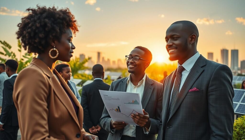 A serene African business hub in the foreground, featuring a diverse group of professionals, including a Black woman in a smart blazer discussing funding ideas with a Black man in a tailored suit, set against a backdrop of innovative green architecture symbolizing sustainable growth. In the middle ground, various elements like graphs and charts seamlessly integrated with lush greenery and solar panels, representing alternative funding structures. The background shows a vibrant city skyline during golden hour, casting warm sunlight over the scene. Utilize a wide-angle lens to create depth, emphasizing collaboration and innovation. The mood is optimistic and inspiring, highlighting opportunities and progress in a professional environment. A serene African business hub in the foreground, featuring a diverse group of professionals, including a Black woman in a smart blazer discussing funding ideas with a Black man in a tailored suit, set against a backdrop of innovative green architecture symbolizing sustainable growth. In the middle ground, various elements like graphs and charts seamlessly integrated with lush greenery and solar panels, representing alternative funding structures. The background shows a vibrant city skyline during golden hour, casting warm sunlight over the scene. Utilize a wide-angle lens to create depth, emphasizing collaboration and innovation. The mood is optimistic and inspiring, highlighting opportunities and progress in a professional environment.