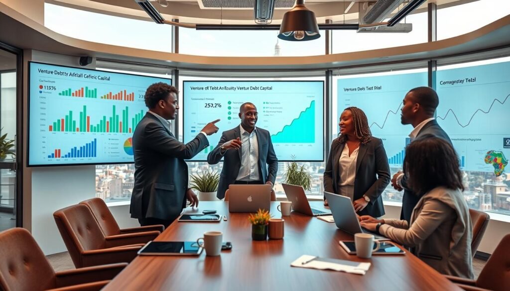 A sleek, modern office workspace filled with data visualizations and graphs depicting venture debt and equity trends in Africa. In the foreground, a diverse group of three professionals in business attire—two men and a woman—are engaged in a discussion, pointing at a large screen filled with colorful charts and percentages. The middle layer features a stylish table equipped with laptops, notepads, and coffee mugs, while charts showcasing upward and downward trends in venture capital are displayed on the walls. In the background, large windows reveal a skyline with notable African architecture under soft natural lighting, creating a focused yet casual atmosphere. The image is composed with a wide-angle lens to emphasize both the details of the meeting and the lively office environment. A sleek, modern office workspace filled with data visualizations and graphs depicting venture debt and equity trends in Africa. In the foreground, a diverse group of three professionals in business attire—two men and a woman—are engaged in a discussion, pointing at a large screen filled with colorful charts and percentages. The middle layer features a stylish table equipped with laptops, notepads, and coffee mugs, while charts showcasing upward and downward trends in venture capital are displayed on the walls. In the background, large windows reveal a skyline with notable African architecture under soft natural lighting, creating a focused yet casual atmosphere. The image is composed with a wide-angle lens to emphasize both the details of the meeting and the lively office environment.