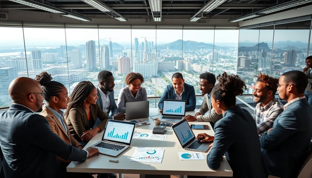 A vibrant African startup scene showcasing local innovation and entrepreneurship. In the foreground, a diverse group of young professionals in professional business attire are engaged in a dynamic brainstorming session around a modern conference table, laptops open, displaying charts and graphics. In the middle ground, collaborative workspaces filled with innovative prototypes and digital displays reflecting technology-driven ideas. The background features a panoramic view of a bustling cityscape, emphasizing growth with skyscrapers and greenery, symbolizing a balance between progress and sustainability. Soft, natural lighting illuminates the space, creating an inspiring and optimistic atmosphere. Captured with a wide-angle lens to accentuate the collaborative energy. A vibrant African startup scene showcasing local innovation and entrepreneurship. In the foreground, a diverse group of young professionals in professional business attire are engaged in a dynamic brainstorming session around a modern conference table, laptops open, displaying charts and graphics. In the middle ground, collaborative workspaces filled with innovative prototypes and digital displays reflecting technology-driven ideas. The background features a panoramic view of a bustling cityscape, emphasizing growth with skyscrapers and greenery, symbolizing a balance between progress and sustainability. Soft, natural lighting illuminates the space, creating an inspiring and optimistic atmosphere. Captured with a wide-angle lens to accentuate the collaborative energy.