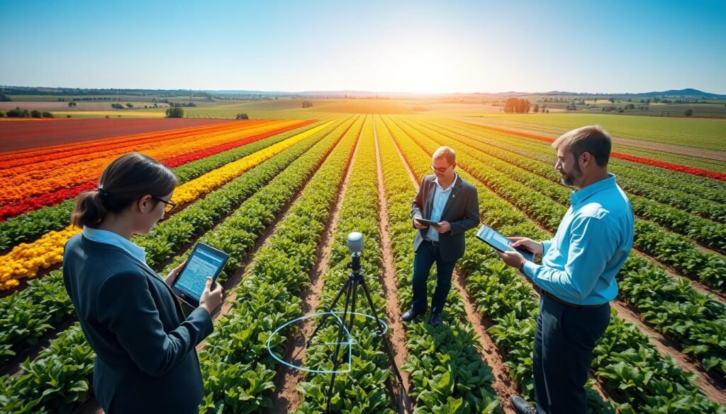 A vibrant aerial view of a modern farm incorporating advanced data analytics, showcasing fields segmented with colorful crops and smart sensors. In the foreground, a diverse group of professionals in business attire analyzes data on tablets and laptops, surrounded by the lush greenery of agricultural technology. The middle features seamless integration of digital displays and GPS equipment amid rows of crops, illustrating the precision farming techniques at play. The background reveals distant rolling hills under a clear blue sky, with soft sunlight enhancing the scene's warm and optimistic atmosphere. Capture the sense of innovation and progress through sharp, clear focus, with a slight tilt-shift effect to emphasize the professionals and their technology in a dynamic, engaging angle. A vibrant aerial view of a modern farm incorporating advanced data analytics, showcasing fields segmented with colorful crops and smart sensors. In the foreground, a diverse group of professionals in business attire analyzes data on tablets and laptops, surrounded by the lush greenery of agricultural technology. The middle features seamless integration of digital displays and GPS equipment amid rows of crops, illustrating the precision farming techniques at play. The background reveals distant rolling hills under a clear blue sky, with soft sunlight enhancing the scene's warm and optimistic atmosphere. Capture the sense of innovation and progress through sharp, clear focus, with a slight tilt-shift effect to emphasize the professionals and their technology in a dynamic, engaging angle.