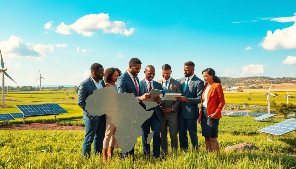 A vibrant and detailed scene depicting "sector-specific growth areas" in Africa, showcasing various industries such as technology, agriculture, and renewable energy. In the foreground, a diverse group of professionals in business attire collaborate around a digital map highlighting key markets. The middle ground features lush fields, modern solar farms, and tech hubs, representing the thriving sectors. The background includes a bright blue sky with subtle clouds, symbolizing optimism and growth. Use warm, natural lighting to create an inviting and hopeful atmosphere. Capture the image from a slightly elevated angle, enhancing the dynamic interaction among the professionals and the three-dimensionality of the landscape, inviting viewers to explore the potentials of the African market. A vibrant and detailed scene depicting "sector-specific growth areas" in Africa, showcasing various industries such as technology, agriculture, and renewable energy. In the foreground, a diverse group of professionals in business attire collaborate around a digital map highlighting key markets. The middle ground features lush fields, modern solar farms, and tech hubs, representing the thriving sectors. The background includes a bright blue sky with subtle clouds, symbolizing optimism and growth. Use warm, natural lighting to create an inviting and hopeful atmosphere. Capture the image from a slightly elevated angle, enhancing the dynamic interaction among the professionals and the three-dimensionality of the landscape, inviting viewers to explore the potentials of the African market.