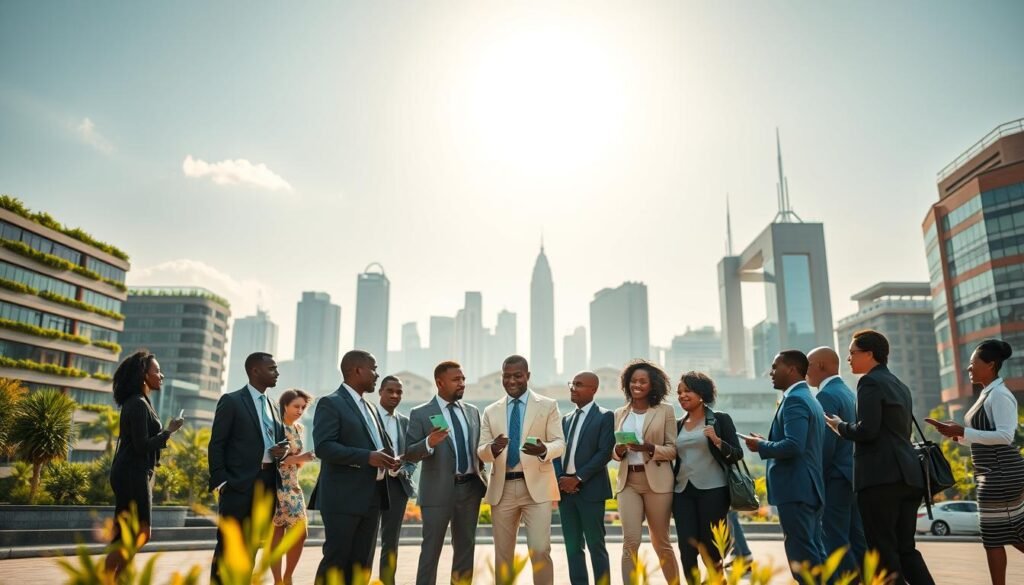 A vibrant and dynamic cityscape showcasing financial innovation in Nigeria and South Africa. In the foreground, a diverse group of professionals in smart business attire are engaged in a spirited discussion, surrounded by digital devices illustrating fintech applications. The middle ground features modern buildings with green technology elements, highlighting a blend of traditional African architecture and futuristic fintech designs. In the background, iconic skyline silhouettes of Lagos and Johannesburg are visible under a bright, clear sky with warm sunlight filtering through. The atmosphere is lively and optimistic, symbolizing progress and collaboration in the African fintech sector. The image should have a slight depth of field effect, focusing on the people in action while softly blurring the background, creating an inspiring and innovative mood. A vibrant and dynamic cityscape showcasing financial innovation in Nigeria and South Africa. In the foreground, a diverse group of professionals in smart business attire are engaged in a spirited discussion, surrounded by digital devices illustrating fintech applications. The middle ground features modern buildings with green technology elements, highlighting a blend of traditional African architecture and futuristic fintech designs. In the background, iconic skyline silhouettes of Lagos and Johannesburg are visible under a bright, clear sky with warm sunlight filtering through. The atmosphere is lively and optimistic, symbolizing progress and collaboration in the African fintech sector. The image should have a slight depth of field effect, focusing on the people in action while softly blurring the background, creating an inspiring and innovative mood.