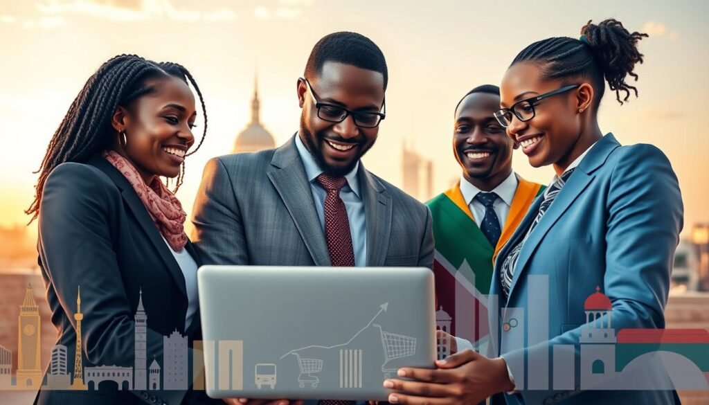 A vibrant and dynamic image showcasing success stories in ecommerce from Nigeria, South Africa, and Kenya. In the foreground, a diverse group of three professional individuals representing each country, dressed in business attire, gather around a laptop, engaged in animated discussion. The middle ground features visuals of digital transaction graphs and icons symbolizing ecommerce growth, such as shopping carts and mobile payments. In the background, iconic landmarks from each country subtly blend together, representing unity in regional success, with a warm, optimistic sunset casting a soft golden light to create an inspiring atmosphere. The composition uses a slightly elevated angle for a better view of the interaction, while the lens captures vivid colors to symbolize growth and opportunity. A vibrant and dynamic image showcasing success stories in ecommerce from Nigeria, South Africa, and Kenya. In the foreground, a diverse group of three professional individuals representing each country, dressed in business attire, gather around a laptop, engaged in animated discussion. The middle ground features visuals of digital transaction graphs and icons symbolizing ecommerce growth, such as shopping carts and mobile payments. In the background, iconic landmarks from each country subtly blend together, representing unity in regional success, with a warm, optimistic sunset casting a soft golden light to create an inspiring atmosphere. The composition uses a slightly elevated angle for a better view of the interaction, while the lens captures vivid colors to symbolize growth and opportunity.