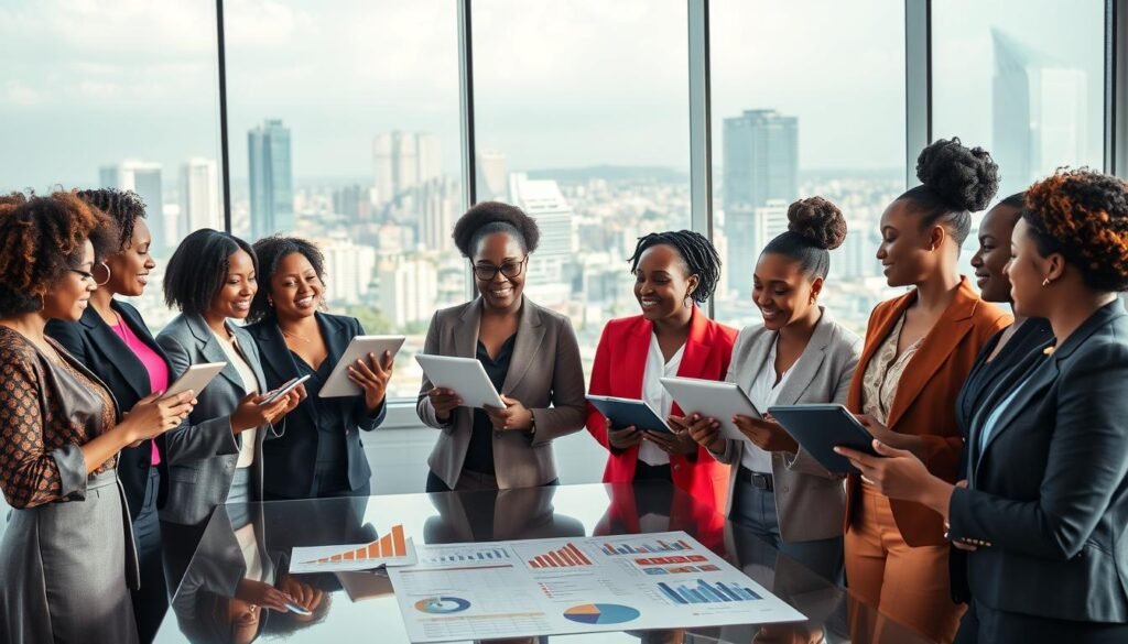 A vibrant and dynamic scene depicting a group of African women engaged in strategic networking within a modern business environment. In the foreground, a diverse group of women, dressed in professional business attire, are animatedly discussing ideas while holding digital tablets and laptops. The middle ground features a large conference table with charts and graphs showcasing financial strategies. In the background, a glass wall overlooks a bustling cityscape that symbolizes growth and opportunity. The lighting is bright and uplifting, suggesting optimism and collaboration. The atmosphere feels empowering and focused, capturing the essence of women uniting to strengthen their roles in African finance and business. The composition is shot from a slightly elevated angle, providing a clear view of the networking activities while emphasizing the professional setting. A vibrant and dynamic scene depicting a group of African women engaged in strategic networking within a modern business environment. In the foreground, a diverse group of women, dressed in professional business attire, are animatedly discussing ideas while holding digital tablets and laptops. The middle ground features a large conference table with charts and graphs showcasing financial strategies. In the background, a glass wall overlooks a bustling cityscape that symbolizes growth and opportunity. The lighting is bright and uplifting, suggesting optimism and collaboration. The atmosphere feels empowering and focused, capturing the essence of women uniting to strengthen their roles in African finance and business. The composition is shot from a slightly elevated angle, providing a clear view of the networking activities while emphasizing the professional setting.