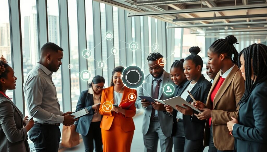 A vibrant and dynamic scene depicting an "access and resources network" in the context of African startup accelerator programs. In the foreground, a group of diverse entrepreneurs, dressed in professional business attire, engage in a lively discussion while examining digital devices and documents. In the middle, a stylized network diagram made of interconnected lines and nodes symbolizes funding and mentorship opportunities, with glowing icons representing resources. The background features a modern office space, filled with natural light streaming through large windows, showcasing a bustling cityscape. The atmosphere conveys a sense of energy, collaboration, and innovation, reflecting the empowerment of entrepreneurs. The image is captured from a slightly elevated angle to encompass the entire scene, enhancing depth and clarity. A vibrant and dynamic scene depicting an "access and resources network" in the context of African startup accelerator programs. In the foreground, a group of diverse entrepreneurs, dressed in professional business attire, engage in a lively discussion while examining digital devices and documents. In the middle, a stylized network diagram made of interconnected lines and nodes symbolizes funding and mentorship opportunities, with glowing icons representing resources. The background features a modern office space, filled with natural light streaming through large windows, showcasing a bustling cityscape. The atmosphere conveys a sense of energy, collaboration, and innovation, reflecting the empowerment of entrepreneurs. The image is captured from a slightly elevated angle to encompass the entire scene, enhancing depth and clarity.