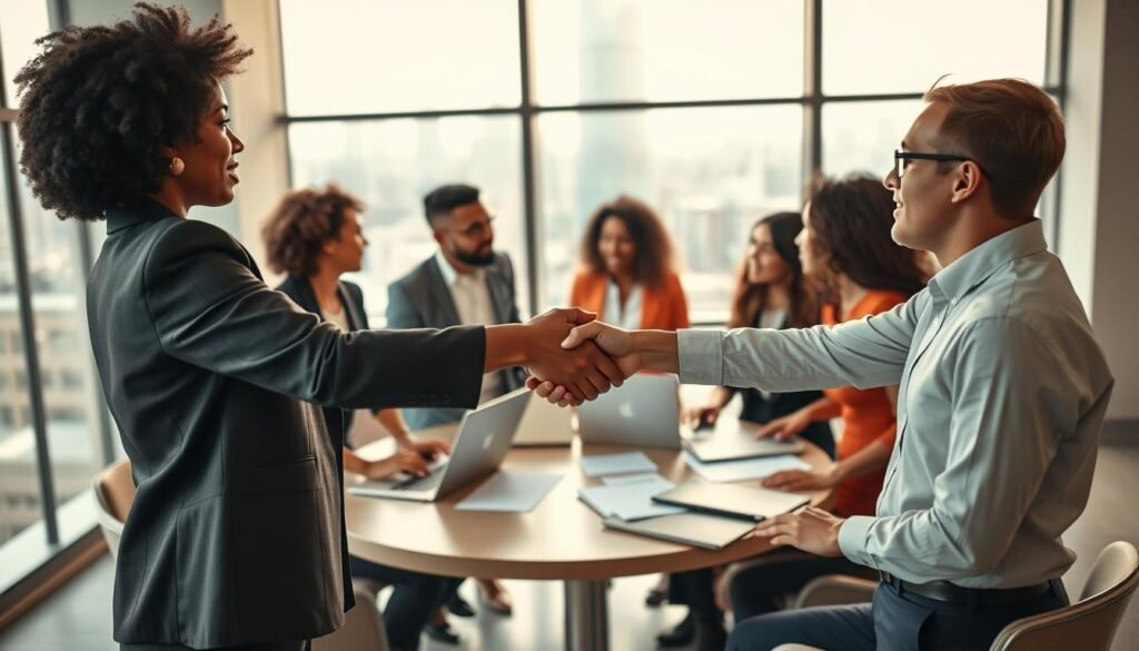 A vibrant and dynamic scene depicting diverse professional individuals engaging in strategic discussions in a modern office setting. In the foreground, two businesspeople in professional attire—an African woman and a Caucasian man—are shaking hands, signifying a new partnership. In the middle, a round table with diverse entrepreneurs of various ethnicities exchanging ideas, with laptops and documents spread out, showcasing collaboration. The background features large windows with a city skyline, allowing natural light to flood the room, creating an open and inviting atmosphere. Soft, warm lighting enhances the professional mood, while a shallow depth of field focuses on the handshake, symbolizing trust and connection. The angle is slightly elevated, capturing the energy and collaboration of a networking event. A vibrant and dynamic scene depicting diverse professional individuals engaging in strategic discussions in a modern office setting. In the foreground, two businesspeople in professional attire—an African woman and a Caucasian man—are shaking hands, signifying a new partnership. In the middle, a round table with diverse entrepreneurs of various ethnicities exchanging ideas, with laptops and documents spread out, showcasing collaboration. The background features large windows with a city skyline, allowing natural light to flood the room, creating an open and inviting atmosphere. Soft, warm lighting enhances the professional mood, while a shallow depth of field focuses on the handshake, symbolizing trust and connection. The angle is slightly elevated, capturing the energy and collaboration of a networking event.