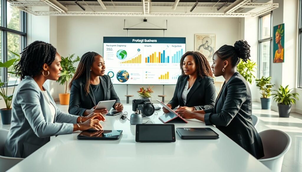 A vibrant and dynamic scene depicting innovative African women entrepreneurs in a modern workspace, showcasing diverse business models in emerging sectors. In the foreground, two women in professional business attire engage in a brainstorming session around a sleek, modern table filled with tablets and prototype products. In the middle ground, a digital screen displays infographics and charts representing growth in technology, agriculture, and renewable energy sectors. The background features a bright, open office space with greenery and urban artwork, symbolizing creativity and collaboration. Soft, natural lighting pours in through large windows, enhancing a sense of optimism and productivity. The overall atmosphere is inspiring, reflecting empowerment and entrepreneurial spirit in the African context. A vibrant and dynamic scene depicting innovative African women entrepreneurs in a modern workspace, showcasing diverse business models in emerging sectors. In the foreground, two women in professional business attire engage in a brainstorming session around a sleek, modern table filled with tablets and prototype products. In the middle ground, a digital screen displays infographics and charts representing growth in technology, agriculture, and renewable energy sectors. The background features a bright, open office space with greenery and urban artwork, symbolizing creativity and collaboration. Soft, natural lighting pours in through large windows, enhancing a sense of optimism and productivity. The overall atmosphere is inspiring, reflecting empowerment and entrepreneurial spirit in the African context.