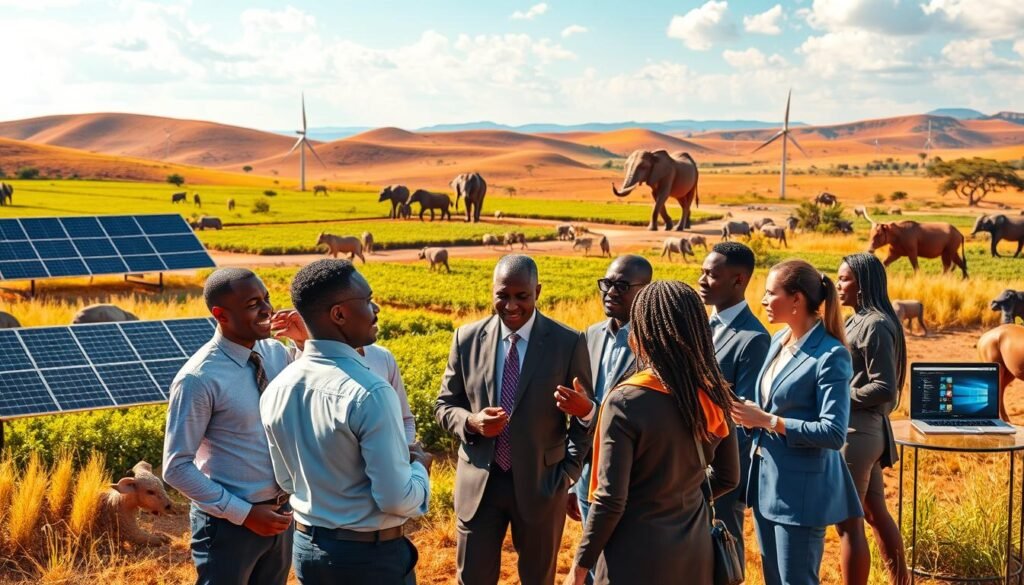 A vibrant and dynamic scene depicting key sectors of impact investment in Africa. In the foreground, a diverse group of professionals in business attire discuss strategies, showcasing collaboration and innovation. The middle ground features visual representations of key sectors such as renewable energy (solar panels, wind turbines), agriculture (lush fields, farmers), and technology (modern tech hubs with laptops and gadgets). In the background, the African landscape with iconic wildlife, rolling hills, and a clear blue sky symbolizes the continent’s rich resources and potential. Use warm, natural lighting to evoke optimism and opportunity, captured from a slightly elevated angle to provide a comprehensive view. The atmosphere is energetic and forward-looking, emphasizing hope and growth in African communities through impactful investment. A vibrant and dynamic scene depicting key sectors of impact investment in Africa. In the foreground, a diverse group of professionals in business attire discuss strategies, showcasing collaboration and innovation. The middle ground features visual representations of key sectors such as renewable energy (solar panels, wind turbines), agriculture (lush fields, farmers), and technology (modern tech hubs with laptops and gadgets). In the background, the African landscape with iconic wildlife, rolling hills, and a clear blue sky symbolizes the continent’s rich resources and potential. Use warm, natural lighting to evoke optimism and opportunity, captured from a slightly elevated angle to provide a comprehensive view. The atmosphere is energetic and forward-looking, emphasizing hope and growth in African communities through impactful investment.