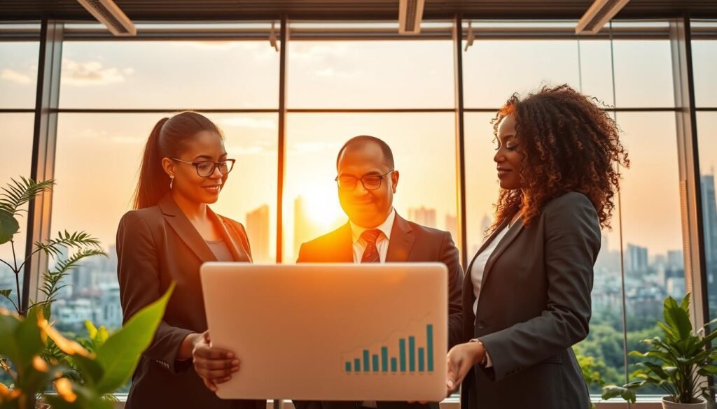 A vibrant and dynamic scene illustrating a modern African business environment. In the foreground, a diverse group of three professionals dressed in sharp business attire — a Black woman, a South Asian man, and a Hispanic woman — collaboratively discussing strategic insights over a laptop, showcasing graphs and charts. In the middle ground, a bustling office space with large windows capturing the city skyline, filled with greenery symbolizing innovation and growth. The background features a bright sun setting, casting warm golden light that enhances the atmosphere of optimism and opportunity. The overall mood is inspiring and forward-thinking, embodying the essence of innovative solutions fostering business growth in Africa. Use a wide-angle lens for a dynamic composition, emphasizing collaboration and the promising landscape of African entrepreneurship. A vibrant and dynamic scene illustrating a modern African business environment. In the foreground, a diverse group of three professionals dressed in sharp business attire — a Black woman, a South Asian man, and a Hispanic woman — collaboratively discussing strategic insights over a laptop, showcasing graphs and charts. In the middle ground, a bustling office space with large windows capturing the city skyline, filled with greenery symbolizing innovation and growth. The background features a bright sun setting, casting warm golden light that enhances the atmosphere of optimism and opportunity. The overall mood is inspiring and forward-thinking, embodying the essence of innovative solutions fostering business growth in Africa. Use a wide-angle lens for a dynamic composition, emphasizing collaboration and the promising landscape of African entrepreneurship.