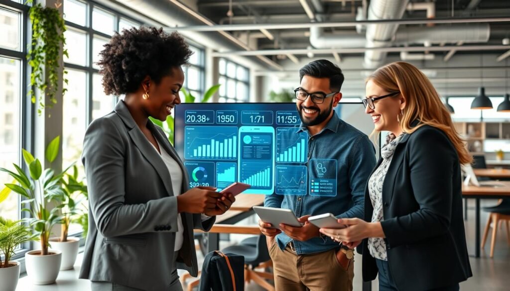 A vibrant and dynamic scene illustrating adaptive marketing techniques in a contemporary office setting. In the foreground, a diverse group of three professionals, a Black woman in business attire, a South Asian man in a smart casual look, and a white woman with glasses, are engaged in a collaborative brainstorming session, surrounded by digital devices and charts. The middle ground features a large interactive screen displaying data analytics and customer engagement metrics, emphasizing technology’s role in marketing. In the background, an open workspace filled with greenery, large windows allowing natural light to flood in, and modern decor suggesting innovation and flexibility. The atmosphere is energetic and inspiring, reflecting the essence of growth and adaptability in digital marketing strategies. A vibrant and dynamic scene illustrating adaptive marketing techniques in a contemporary office setting. In the foreground, a diverse group of three professionals, a Black woman in business attire, a South Asian man in a smart casual look, and a white woman with glasses, are engaged in a collaborative brainstorming session, surrounded by digital devices and charts. The middle ground features a large interactive screen displaying data analytics and customer engagement metrics, emphasizing technology’s role in marketing. In the background, an open workspace filled with greenery, large windows allowing natural light to flood in, and modern decor suggesting innovation and flexibility. The atmosphere is energetic and inspiring, reflecting the essence of growth and adaptability in digital marketing strategies.