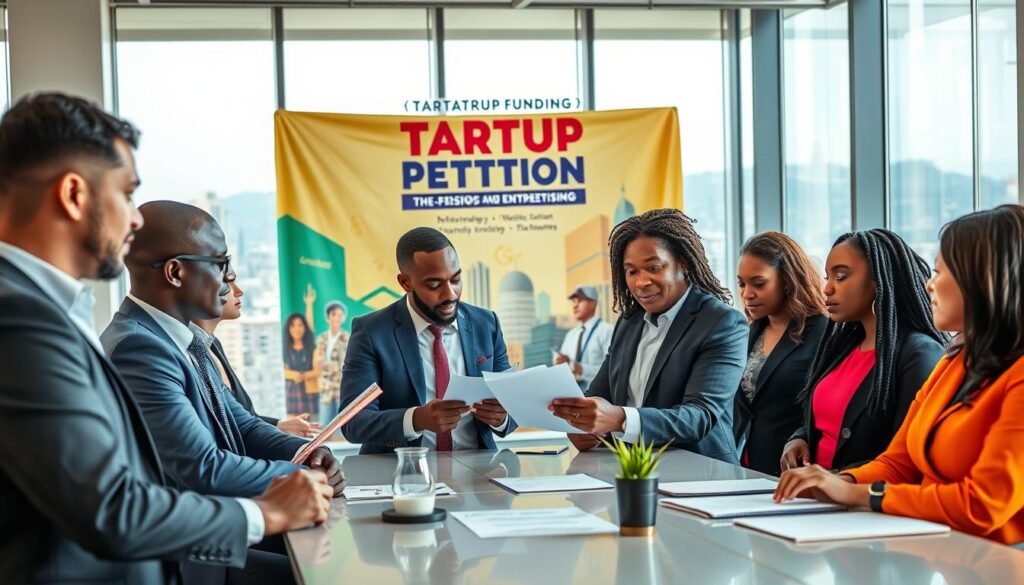 A vibrant and dynamic scene representing "startup funding mentorship networking" in an African context. Foreground: a diverse group of professionals, men and women of various ethnicities, dressed in professional business attire, engaged in discussions, exchanging ideas, and reviewing documents around a modern conference table. Middle ground: a large, colorful banner showcasing a pitch competition, with visuals of innovation and entrepreneurship. Background: an office space with large windows showcasing a bustling city, signifying growth and opportunity. Bright, natural lighting illuminates the scene, creating a warm and inviting atmosphere. Camera angle should be slightly elevated, focusing on the group while capturing the energy and excitement of networking and mentorship. The mood is optimistic and collaborative, embodying the spirit of innovation in the startup ecosystem. A vibrant and dynamic scene representing "startup funding mentorship networking" in an African context. Foreground: a diverse group of professionals, men and women of various ethnicities, dressed in professional business attire, engaged in discussions, exchanging ideas, and reviewing documents around a modern conference table. Middle ground: a large, colorful banner showcasing a pitch competition, with visuals of innovation and entrepreneurship. Background: an office space with large windows showcasing a bustling city, signifying growth and opportunity. Bright, natural lighting illuminates the scene, creating a warm and inviting atmosphere. Camera angle should be slightly elevated, focusing on the group while capturing the energy and excitement of networking and mentorship. The mood is optimistic and collaborative, embodying the spirit of innovation in the startup ecosystem.